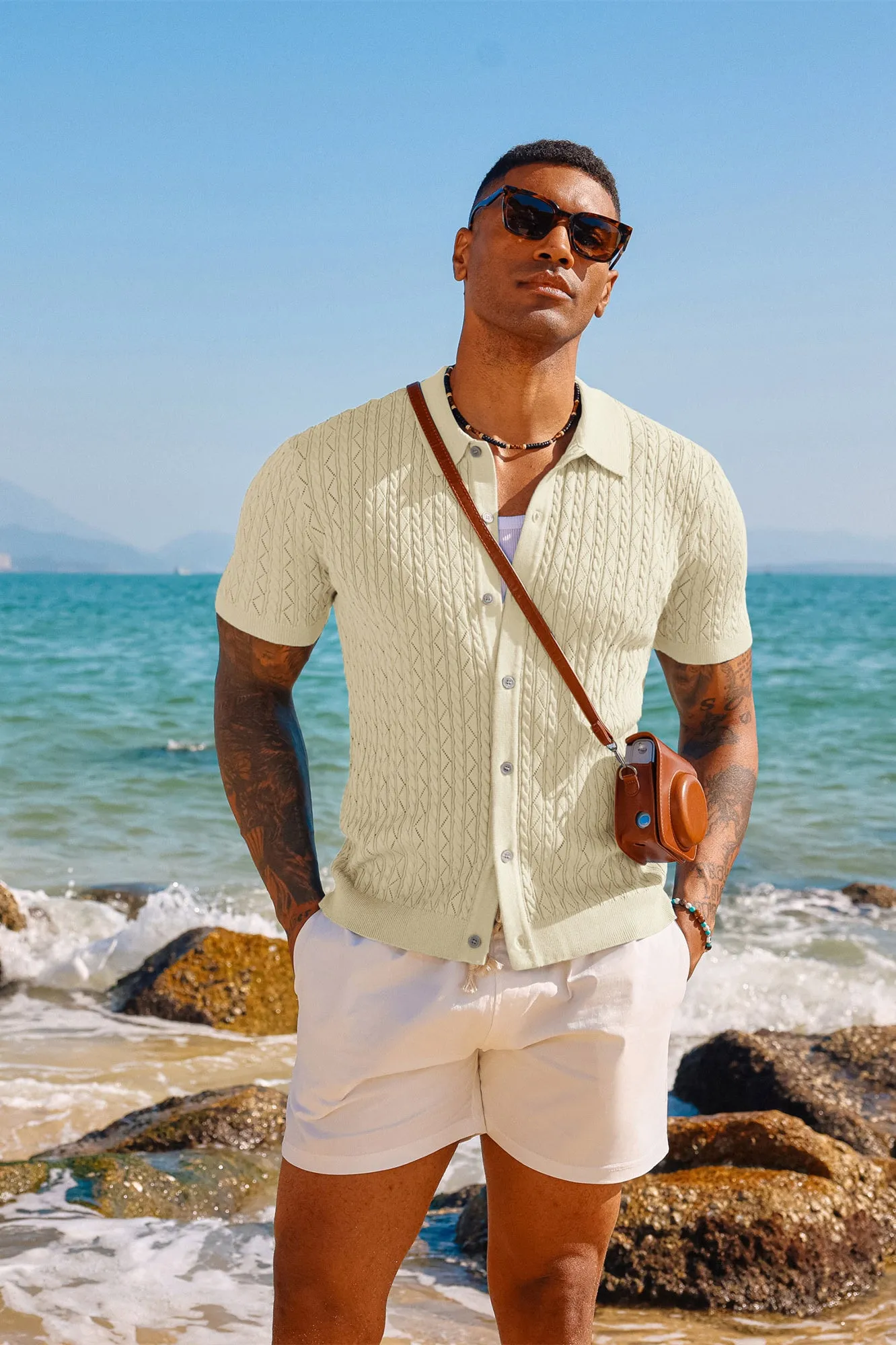 Men's Polo Short Cardigan Shirt Hollowed-Out Textured Casual Knitted Golf Shirt