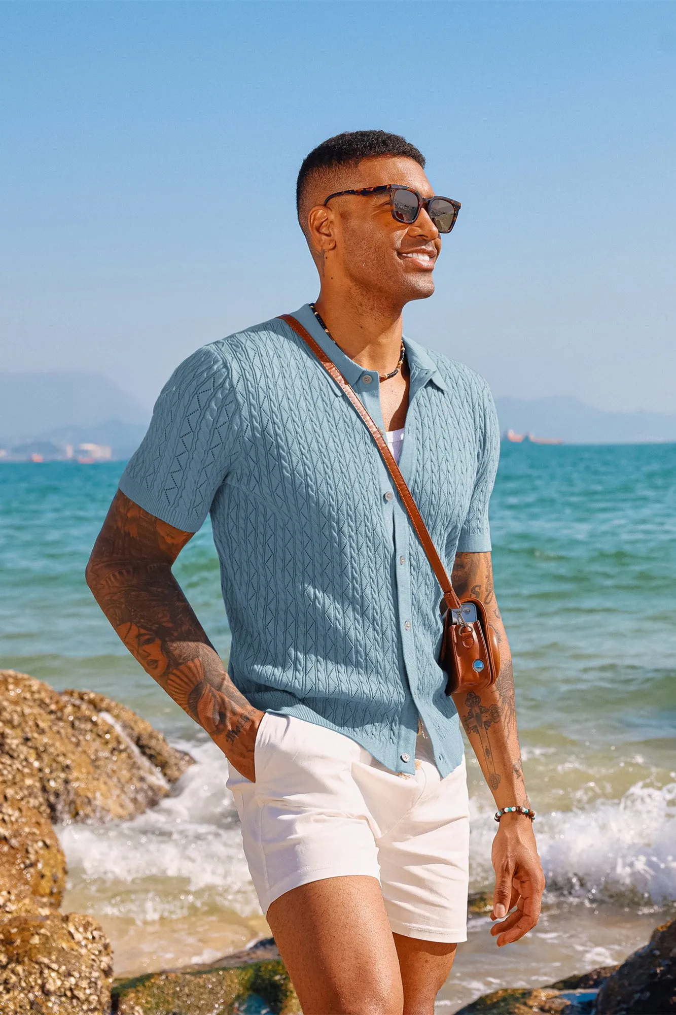 Men's Polo Short Cardigan Shirt Hollowed-Out Textured Casual Knitted Golf Shirt