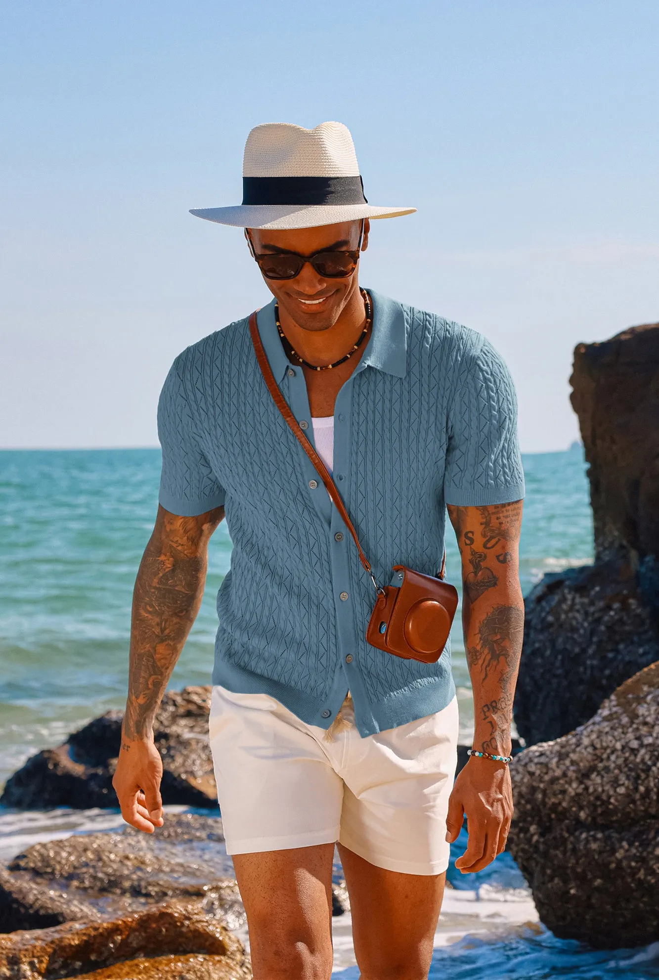 Men's Polo Short Cardigan Shirt Hollowed-Out Textured Casual Knitted Golf Shirt