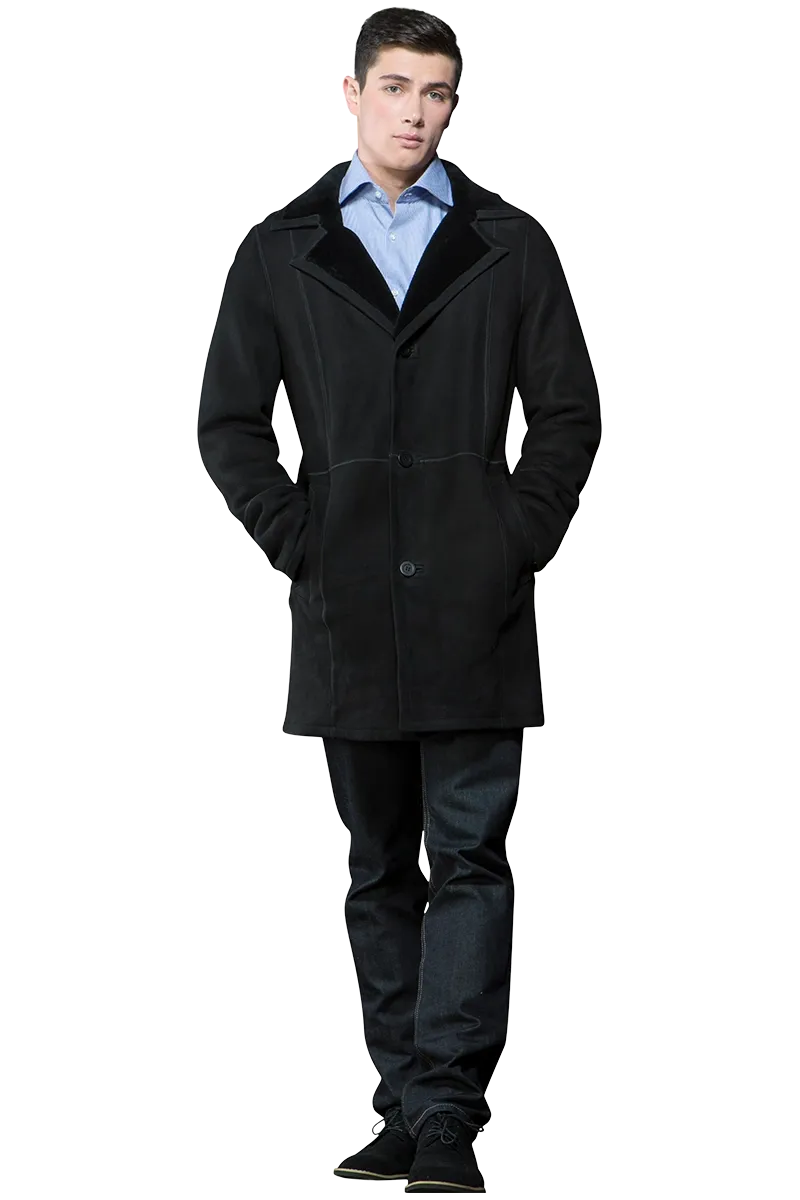 Men's Spanish Black Trench Mid-Length Shearling Coat