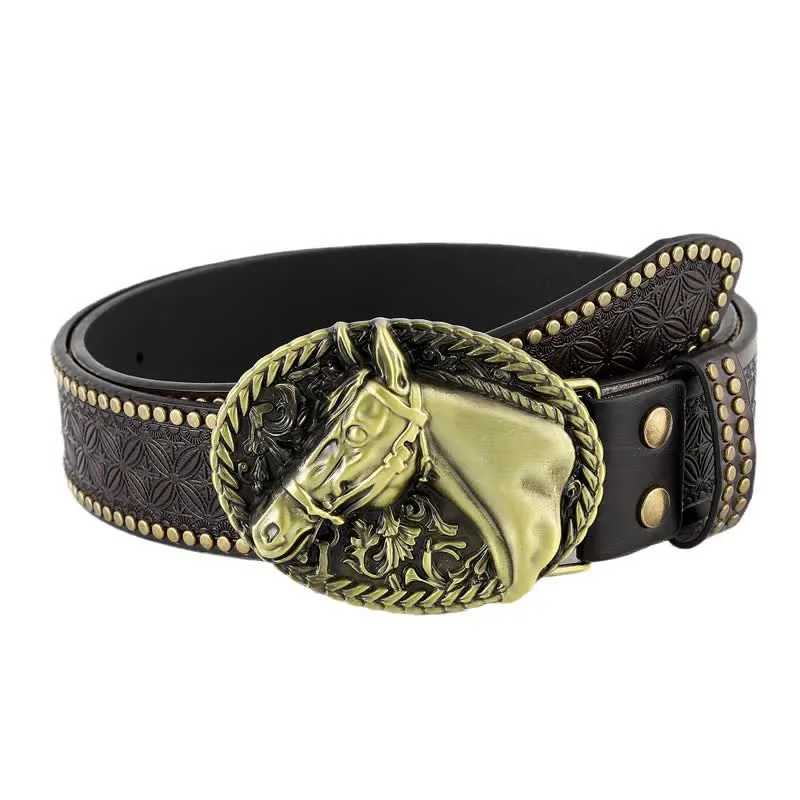 Men's Trendy Carved Horse Buckle Leather Belt