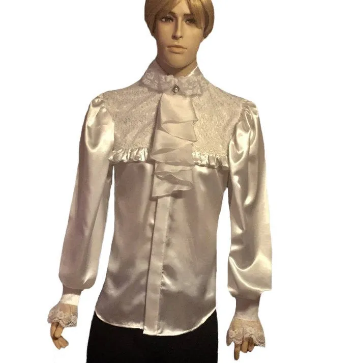 Men's Victorian Ruffles Club Style Collar Satin& Lace Details Dress Shirt