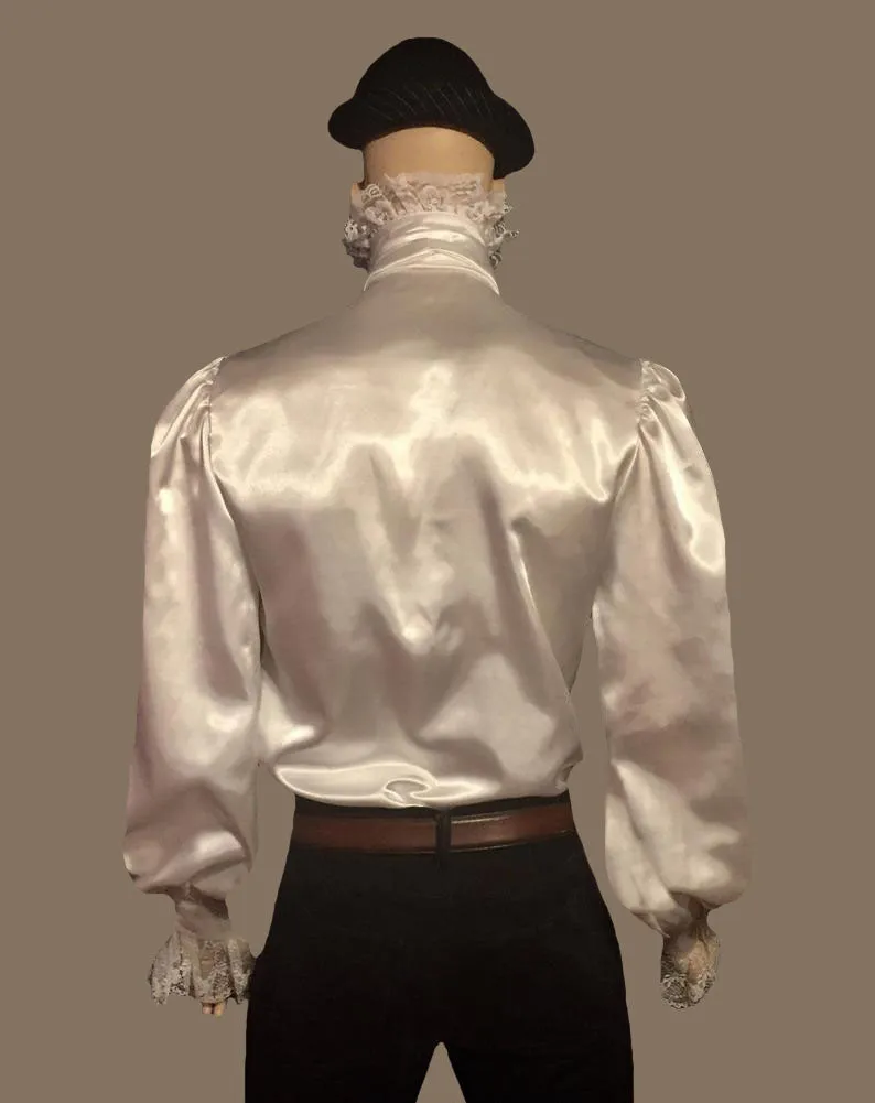 Men's Victorian Ruffles Club Style Collar Satin& Lace Details Dress Shirt