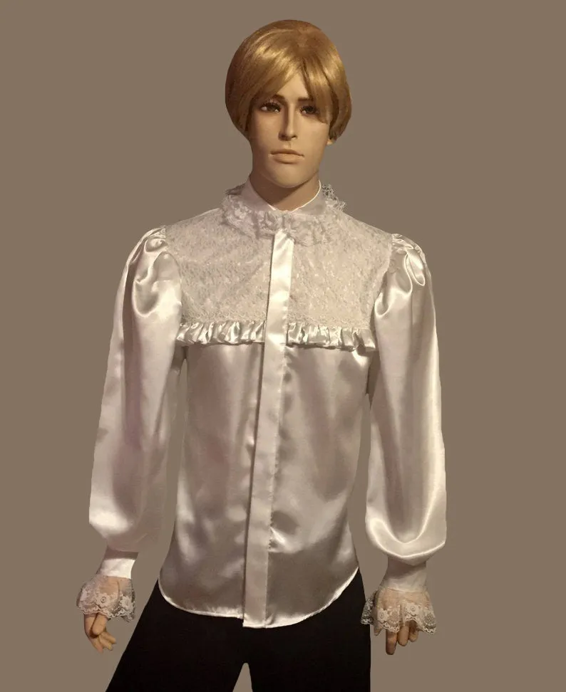 Men's Victorian Ruffles Club Style Collar Satin& Lace Details Dress Shirt