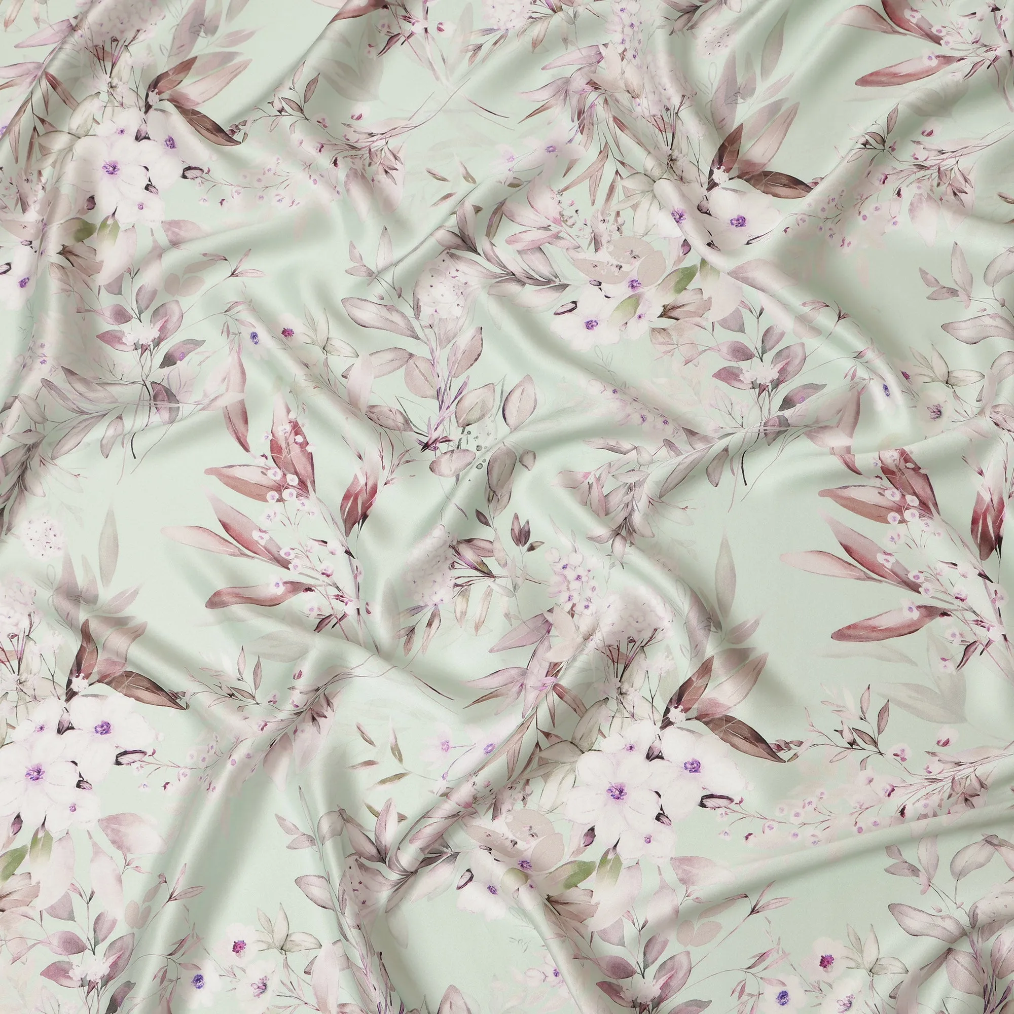 Mint Blush Floral Pure Silk Satin Fabric - 140 cm Width, Made in Italy-D20731