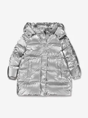 Moncler Enfant Girls Down Padded Amra Long Parka in Silver