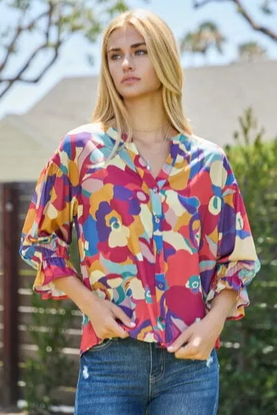 MULTI FLORAL RUFFLE SLEEVE TOP