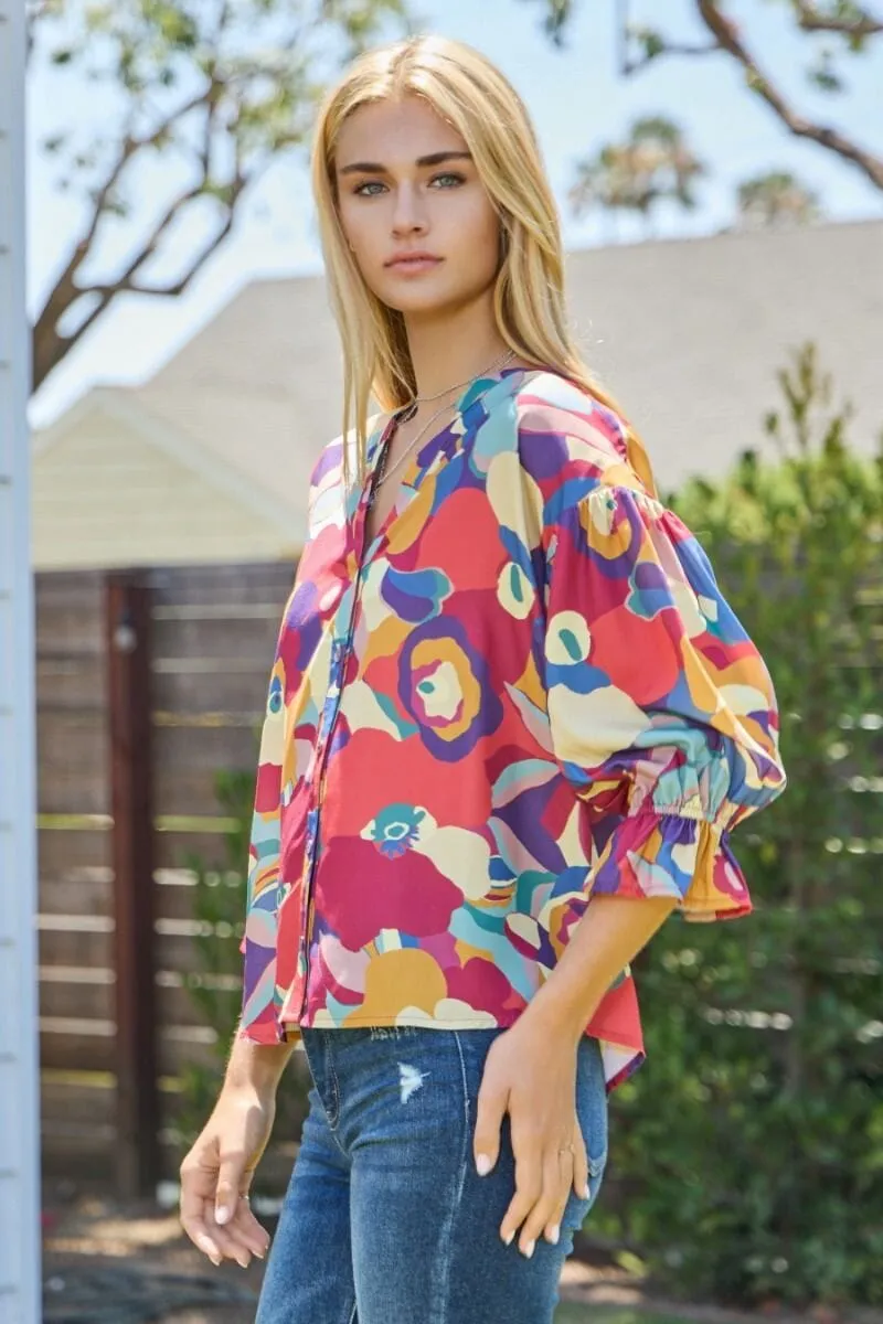 MULTI FLORAL RUFFLE SLEEVE TOP