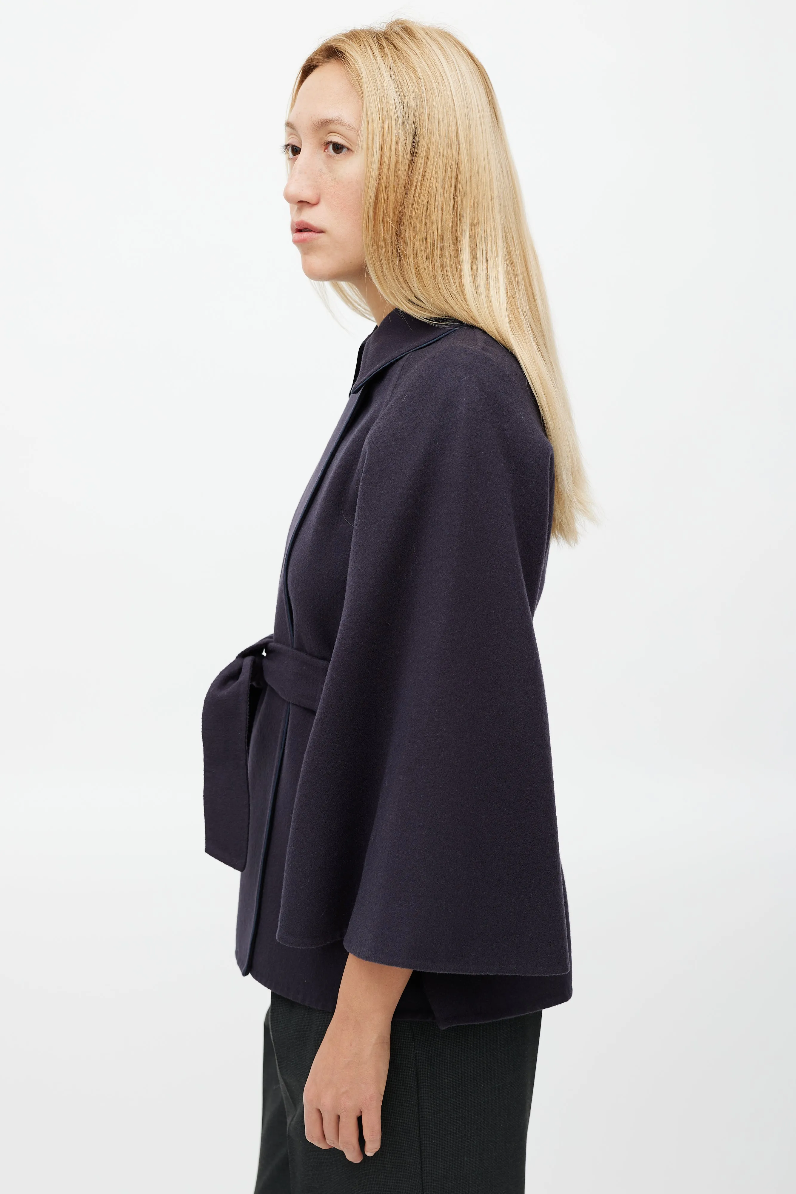 Navy Wool Belted Cape