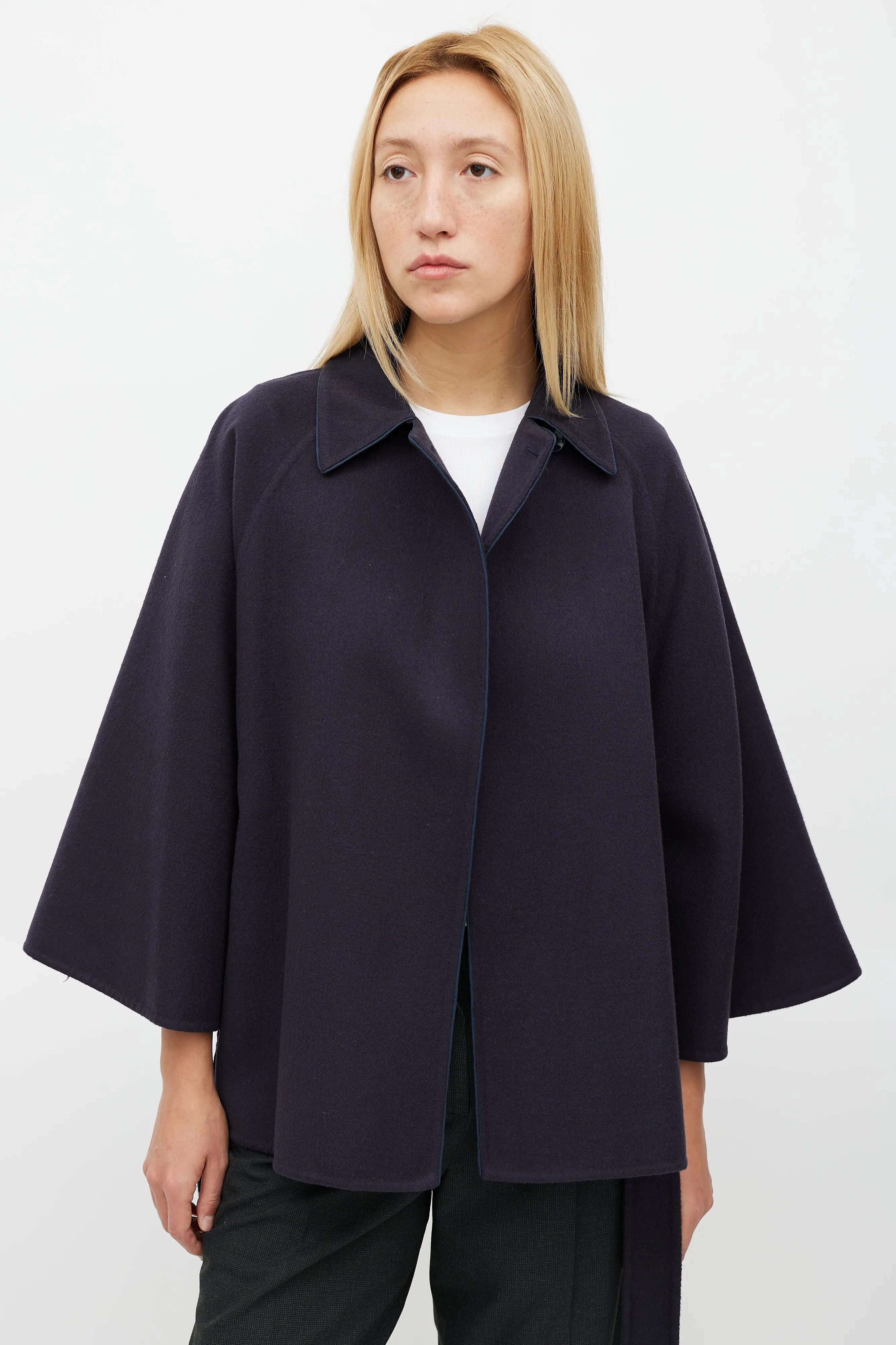 Navy Wool Belted Cape