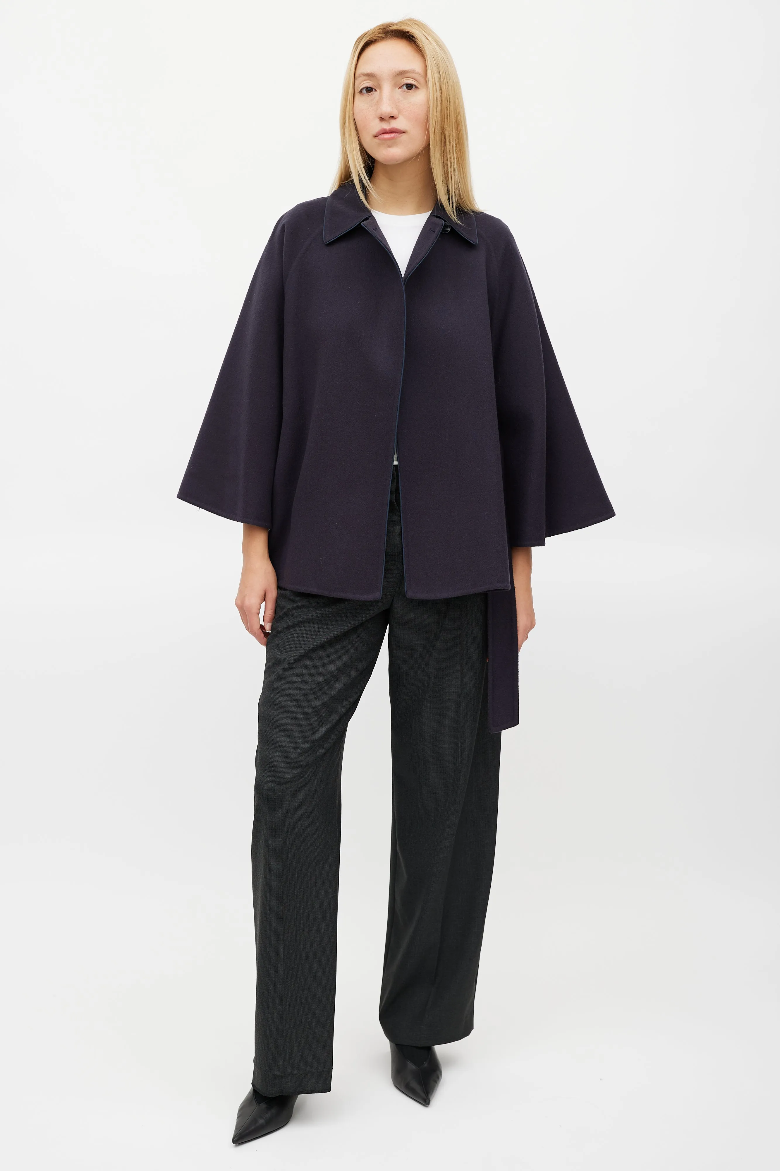 Navy Wool Belted Cape