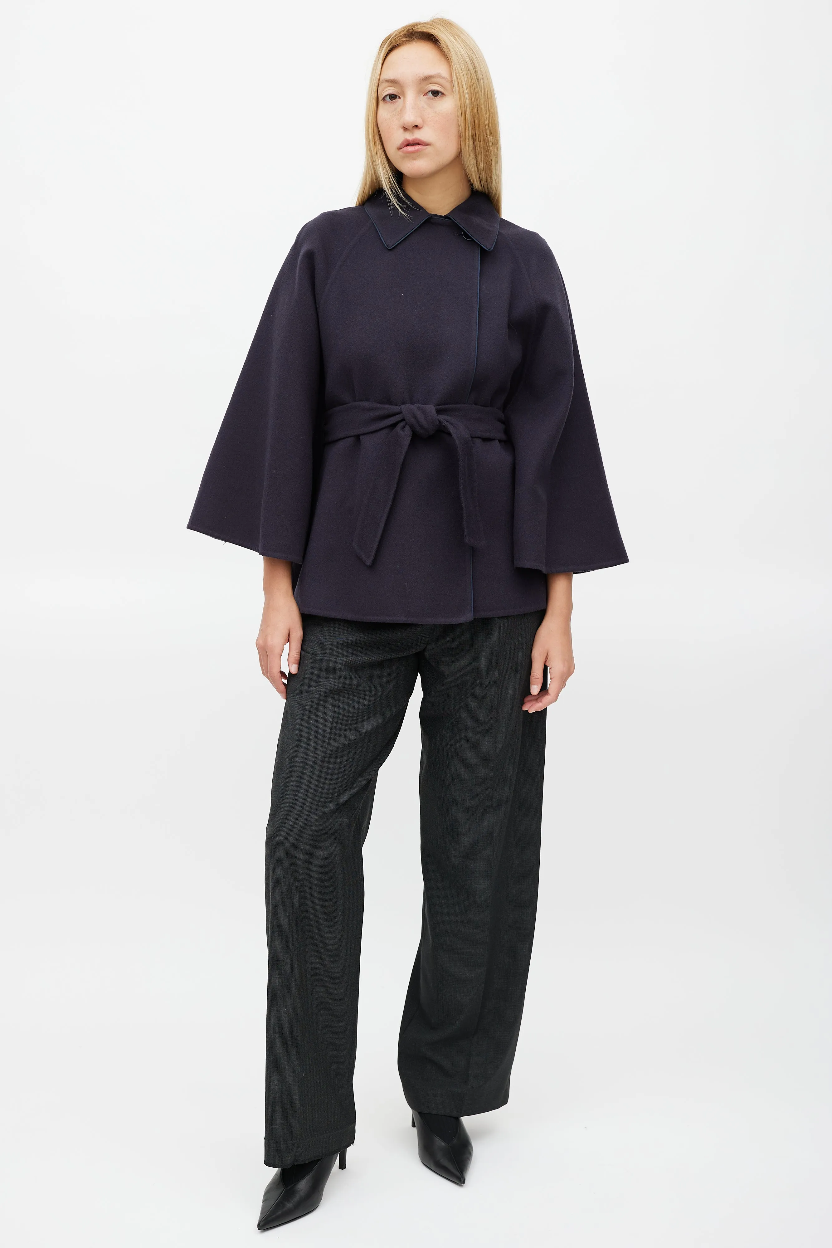 Navy Wool Belted Cape