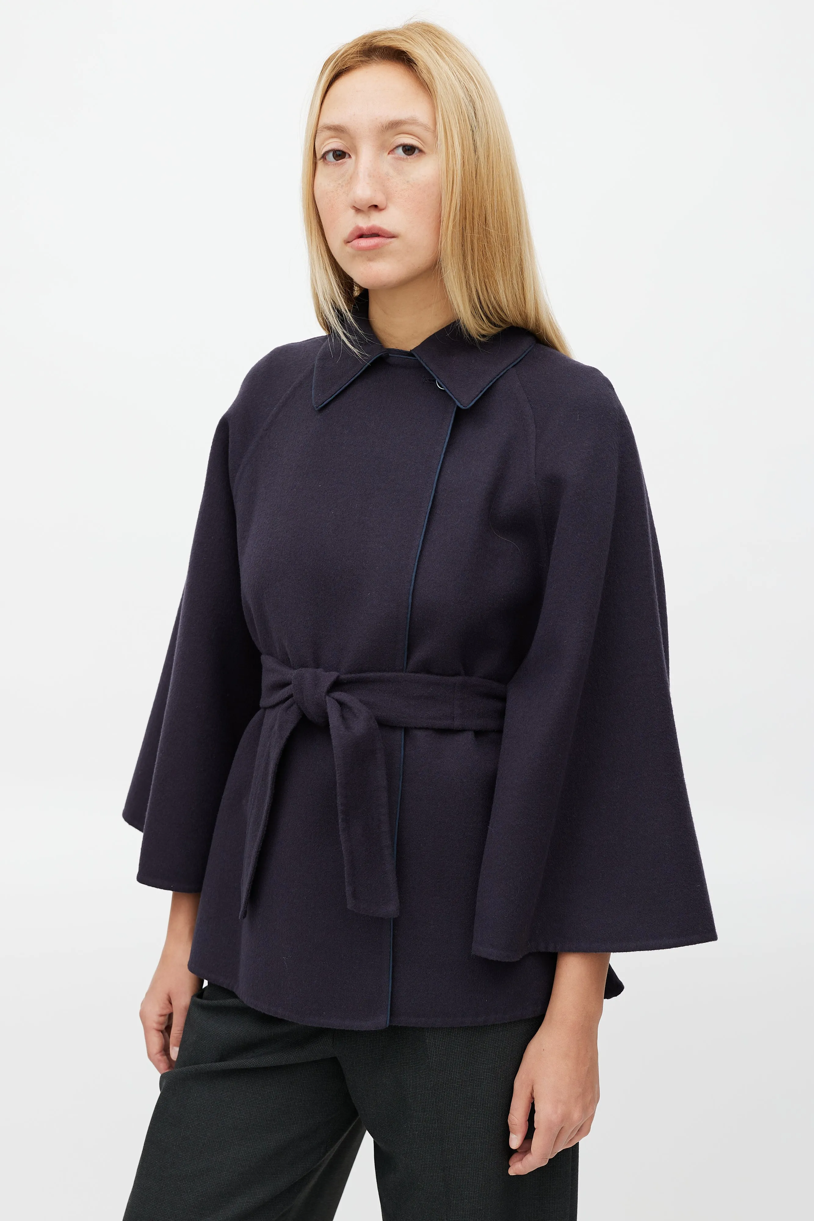 Navy Wool Belted Cape