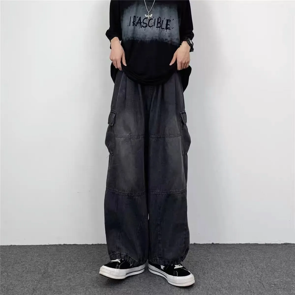 New Fashion Brand Japanese Style Wide Leg Large Pocket Overalls Men's Summer Ins Neutral Loose Straight Casual Jeans