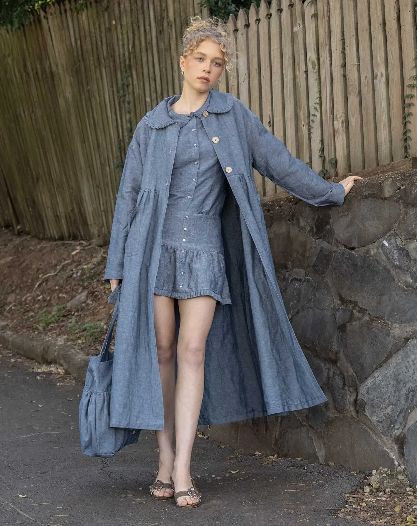 Nina Linen Trench Coat - Denim Blue