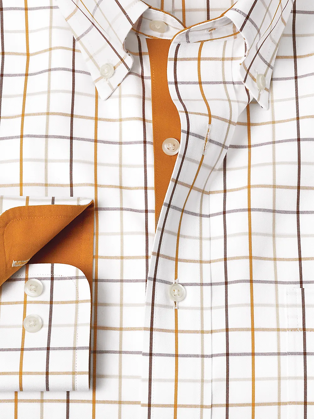 Non-Iron Cotton Check Dress Shirt With Contrast Trim - Melon/tan