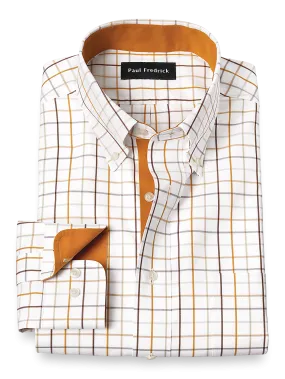 Non-Iron Cotton Check Dress Shirt With Contrast Trim - Melon/tan