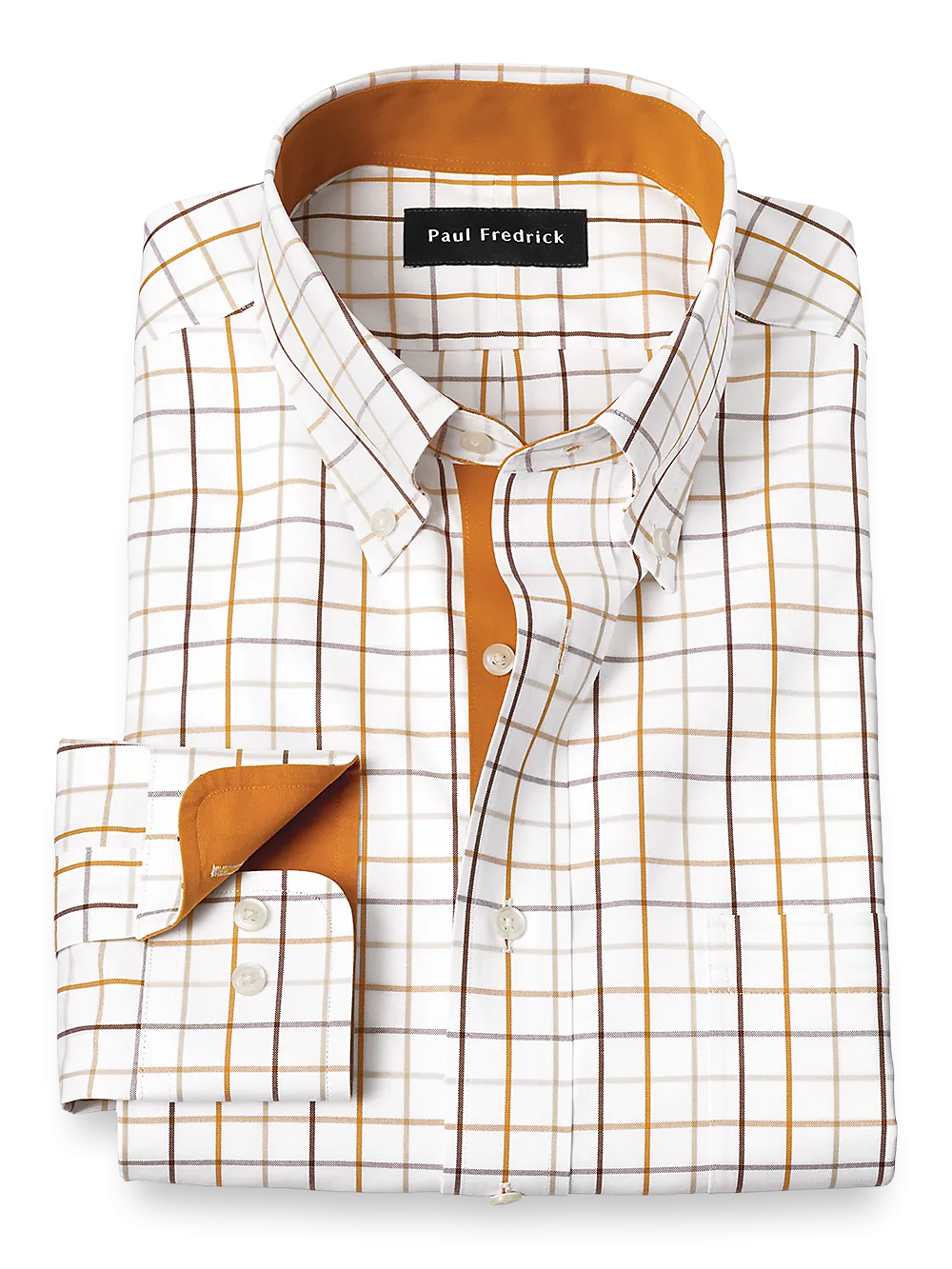 Non-Iron Cotton Check Dress Shirt With Contrast Trim - Melon/tan