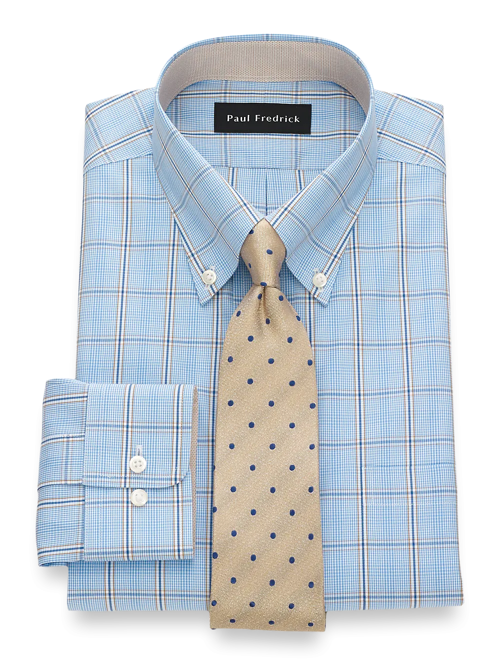 Non-Iron Cotton Pinpoint Glen Plaid Dress Shirt With Contrast Trim - Blue/tan