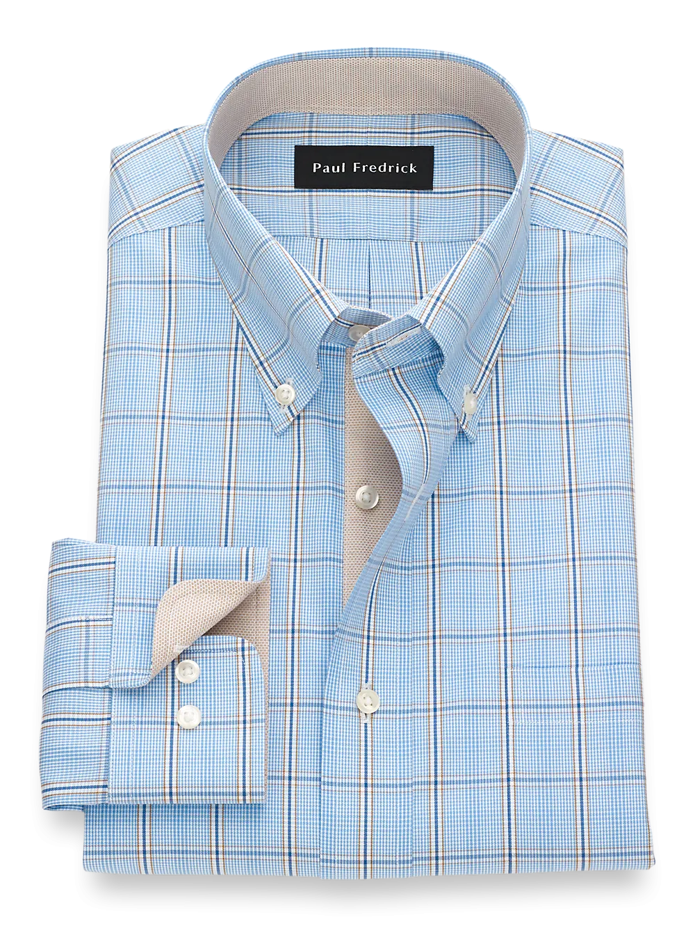 Non-Iron Cotton Pinpoint Glen Plaid Dress Shirt With Contrast Trim - Blue/tan