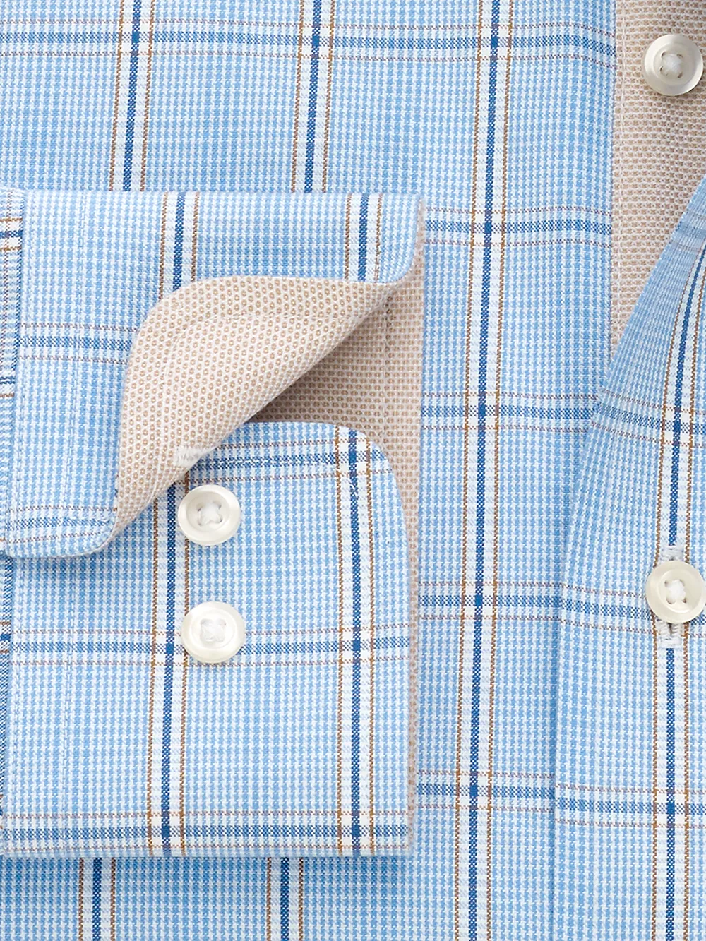 Non-Iron Cotton Pinpoint Glen Plaid Dress Shirt With Contrast Trim - Blue/tan