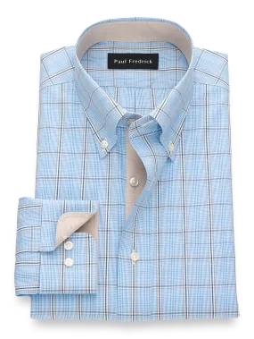 Non-Iron Cotton Pinpoint Glen Plaid Dress Shirt With Contrast Trim - Blue/tan