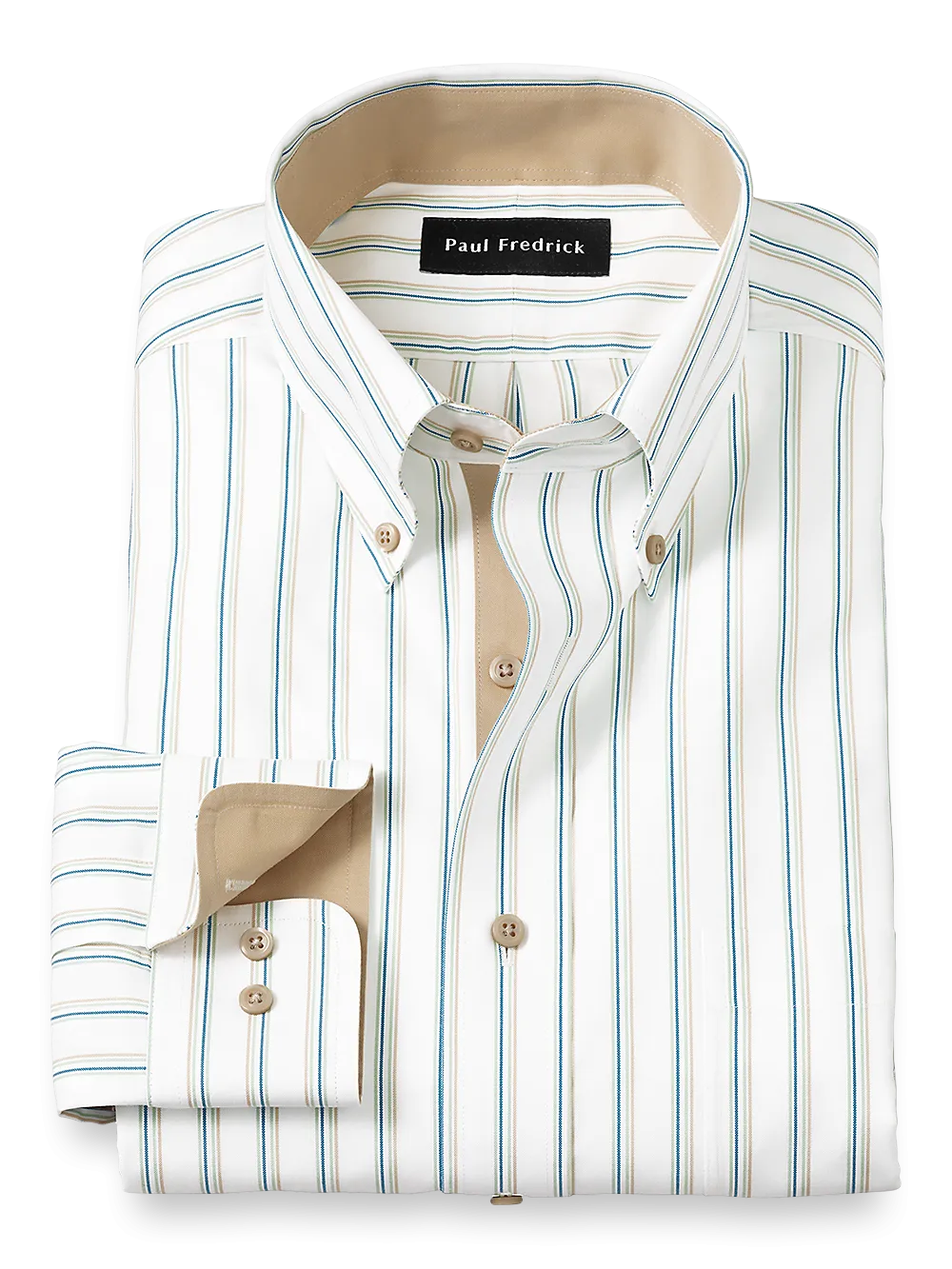 Non-Iron Cotton Stripe Dress Shirt With Contrast Trim - Green/tan