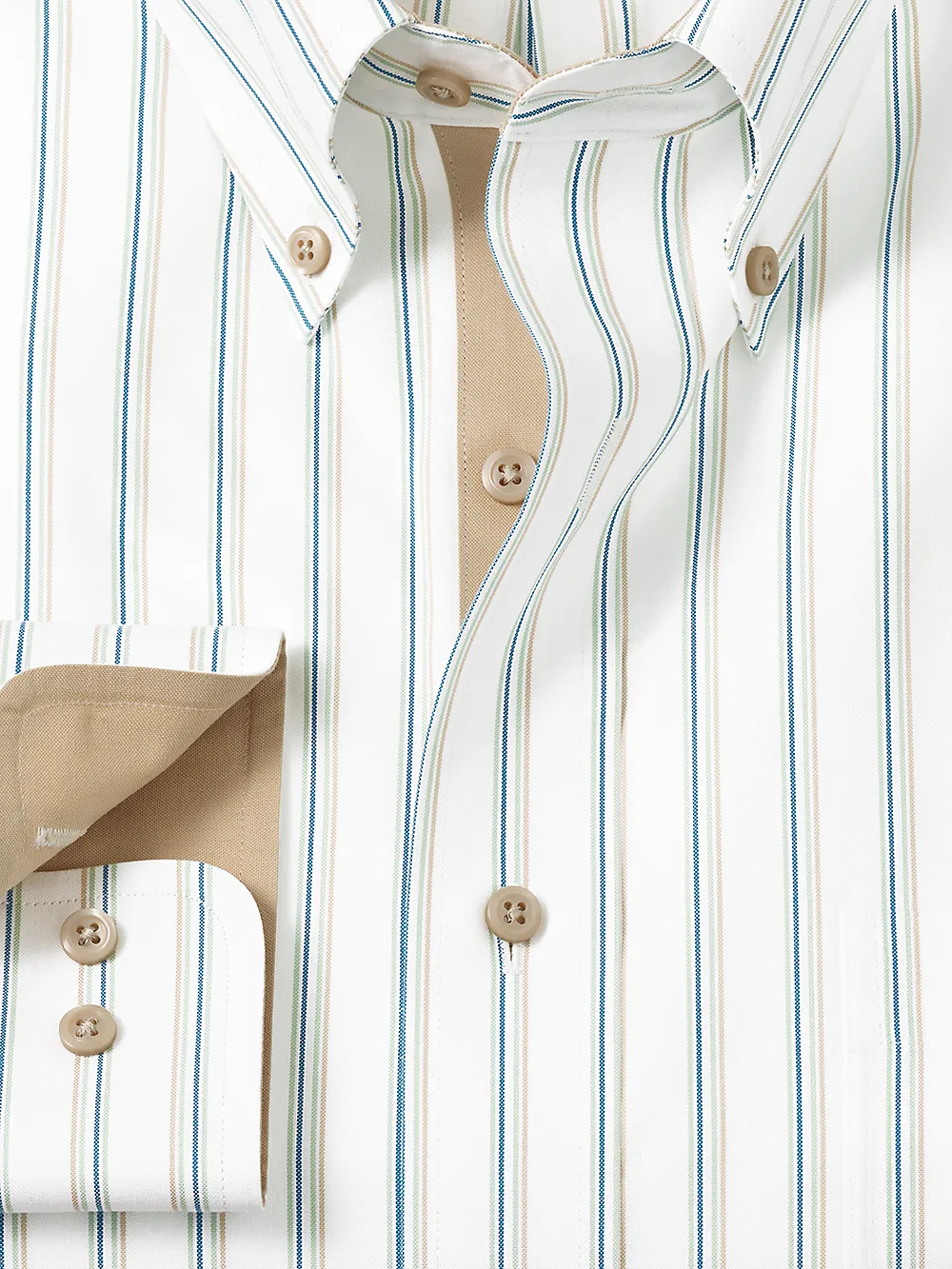 Non-Iron Cotton Stripe Dress Shirt With Contrast Trim - Green/tan