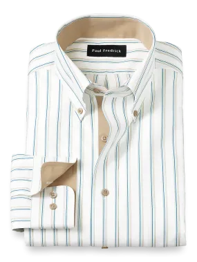 Non-Iron Cotton Stripe Dress Shirt With Contrast Trim - Green/tan