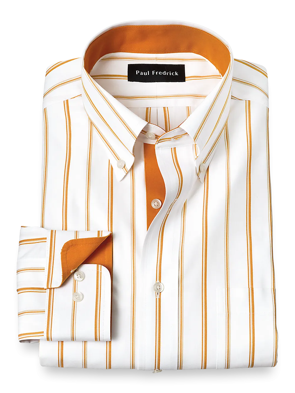 Non-Iron Cotton Stripe Dress Shirt With Contrast Trim - Melon/tan