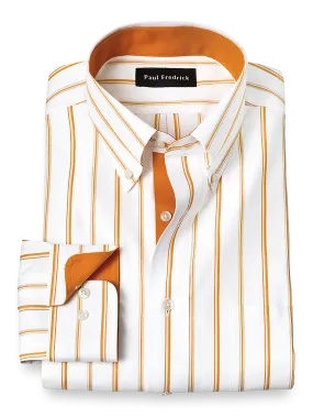 Non-Iron Cotton Stripe Dress Shirt With Contrast Trim - Melon/tan