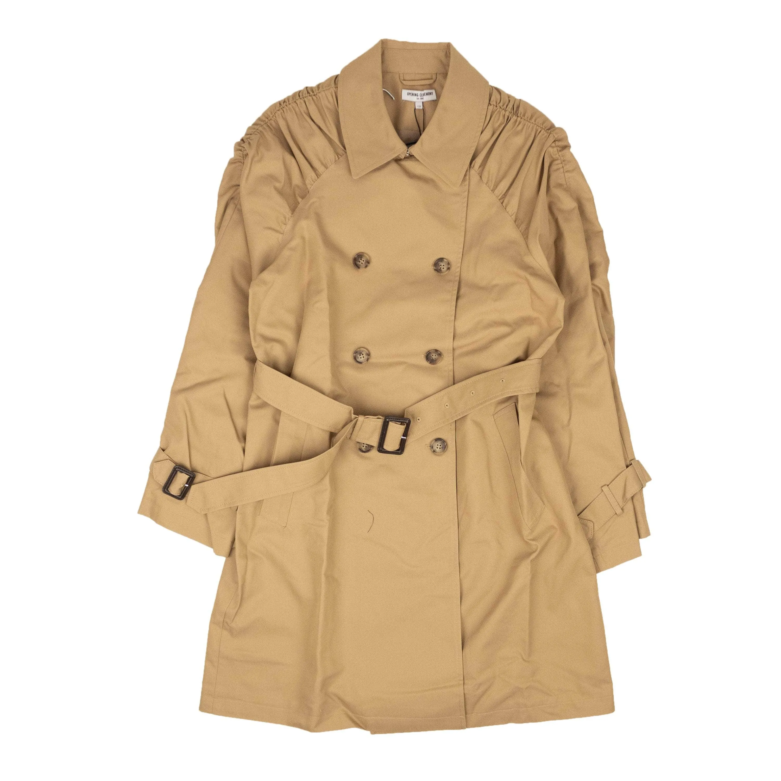 NWT OPENING CEREMONY Sand Brown Cotton Smocked Trench Coat Size M $580