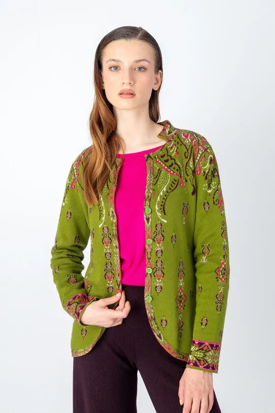 Ornamental Jacquard Cardigan - Citron Green