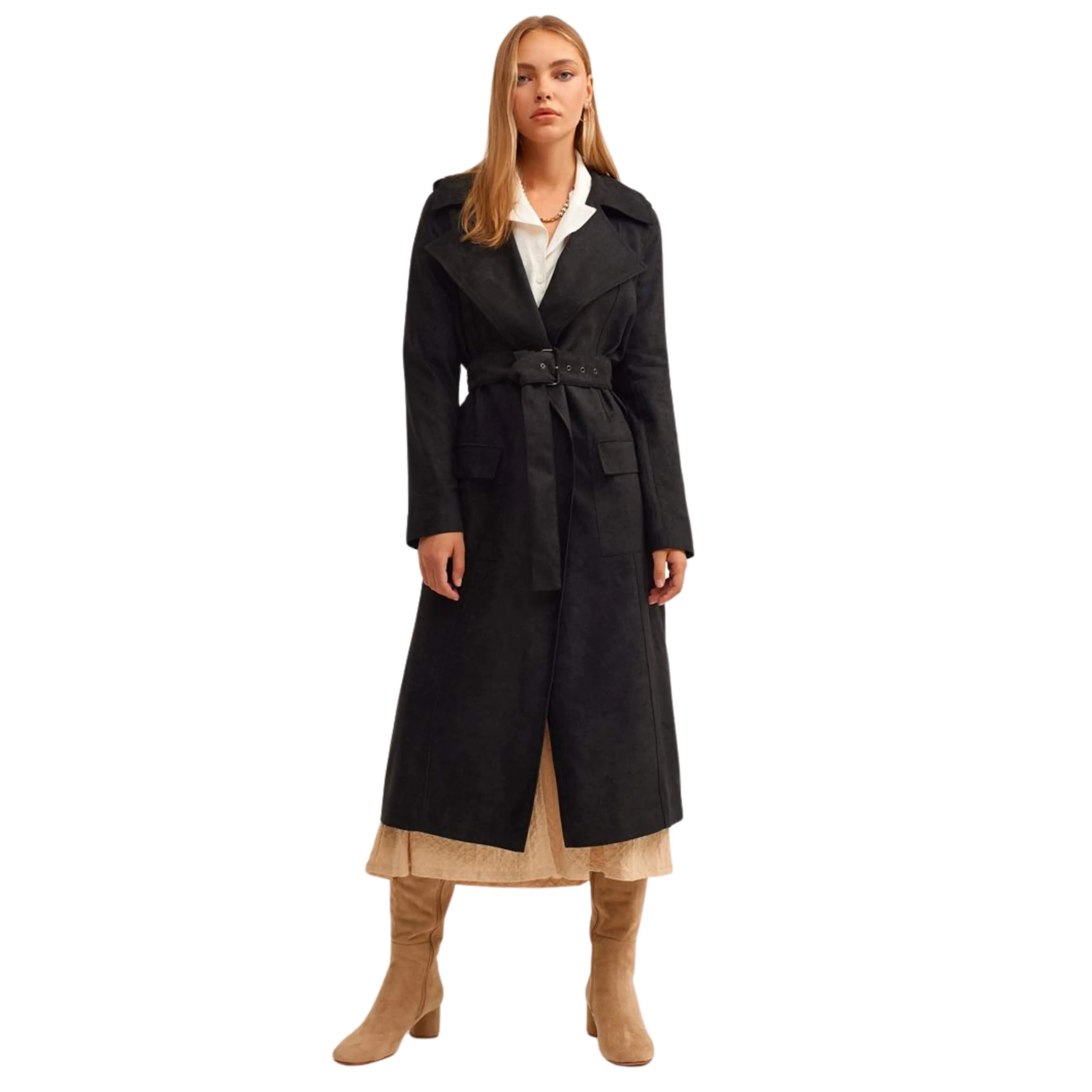 OXXO - Belted Vegan Suede Trench Coat