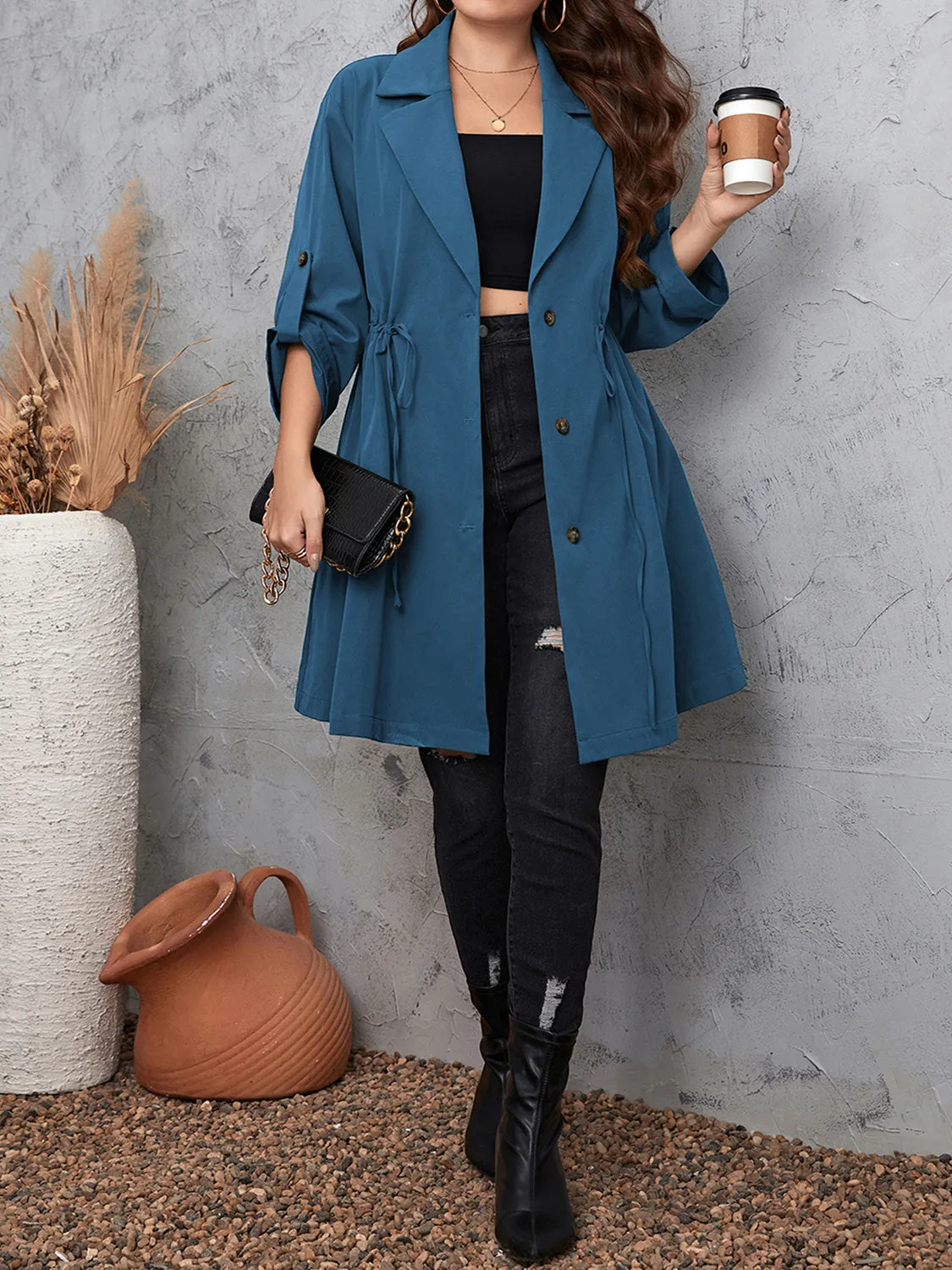 Plus Size Lapel Collar Drawstring Roll-Tab Sleeve Trench Coat