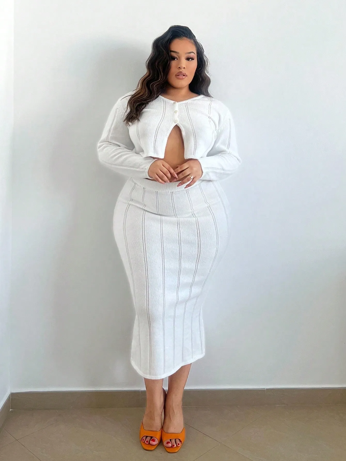 Plus Size Women's Slit Cardigan And Sweater Skirt Set