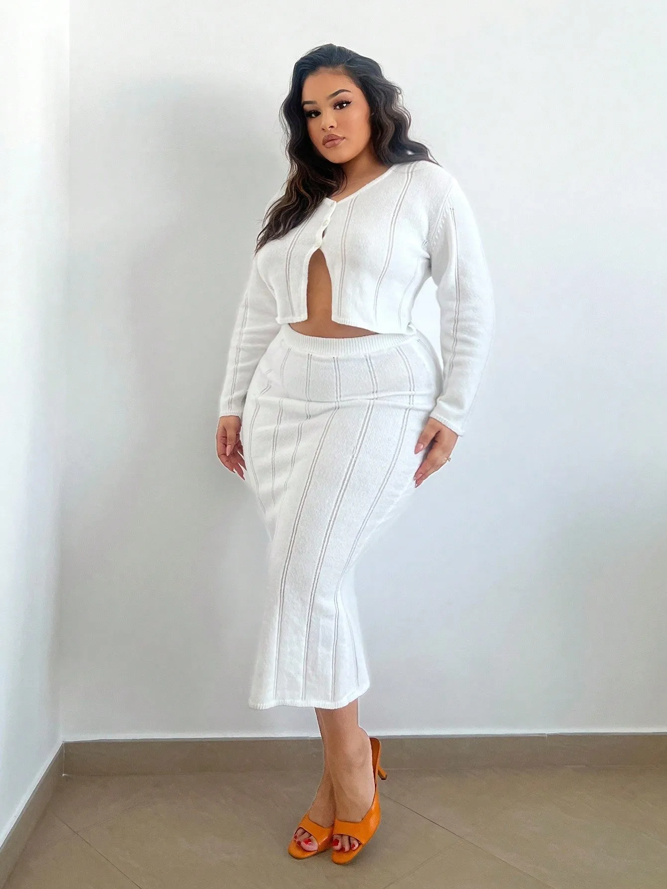 Plus Size Women's Slit Cardigan And Sweater Skirt Set