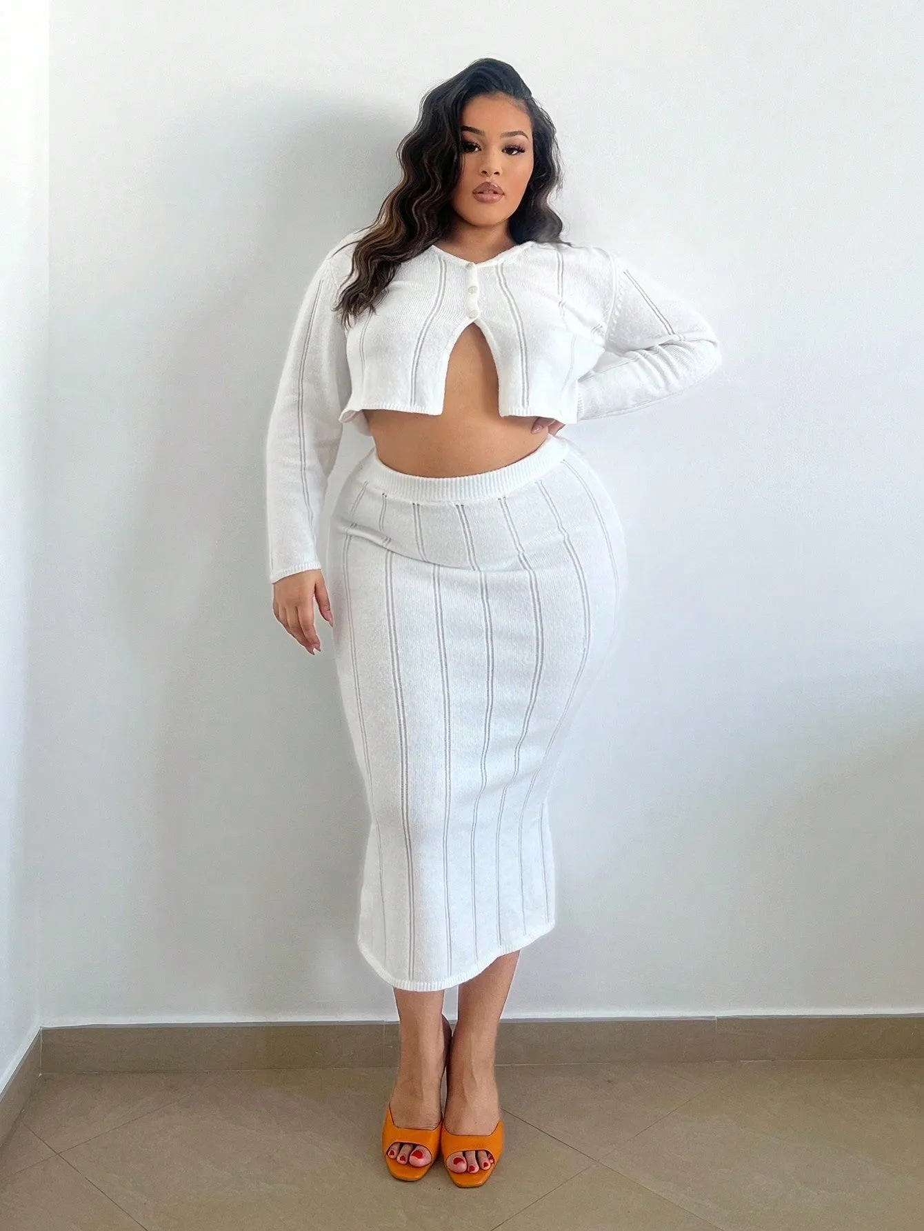 Plus Size Women's Slit Cardigan And Sweater Skirt Set