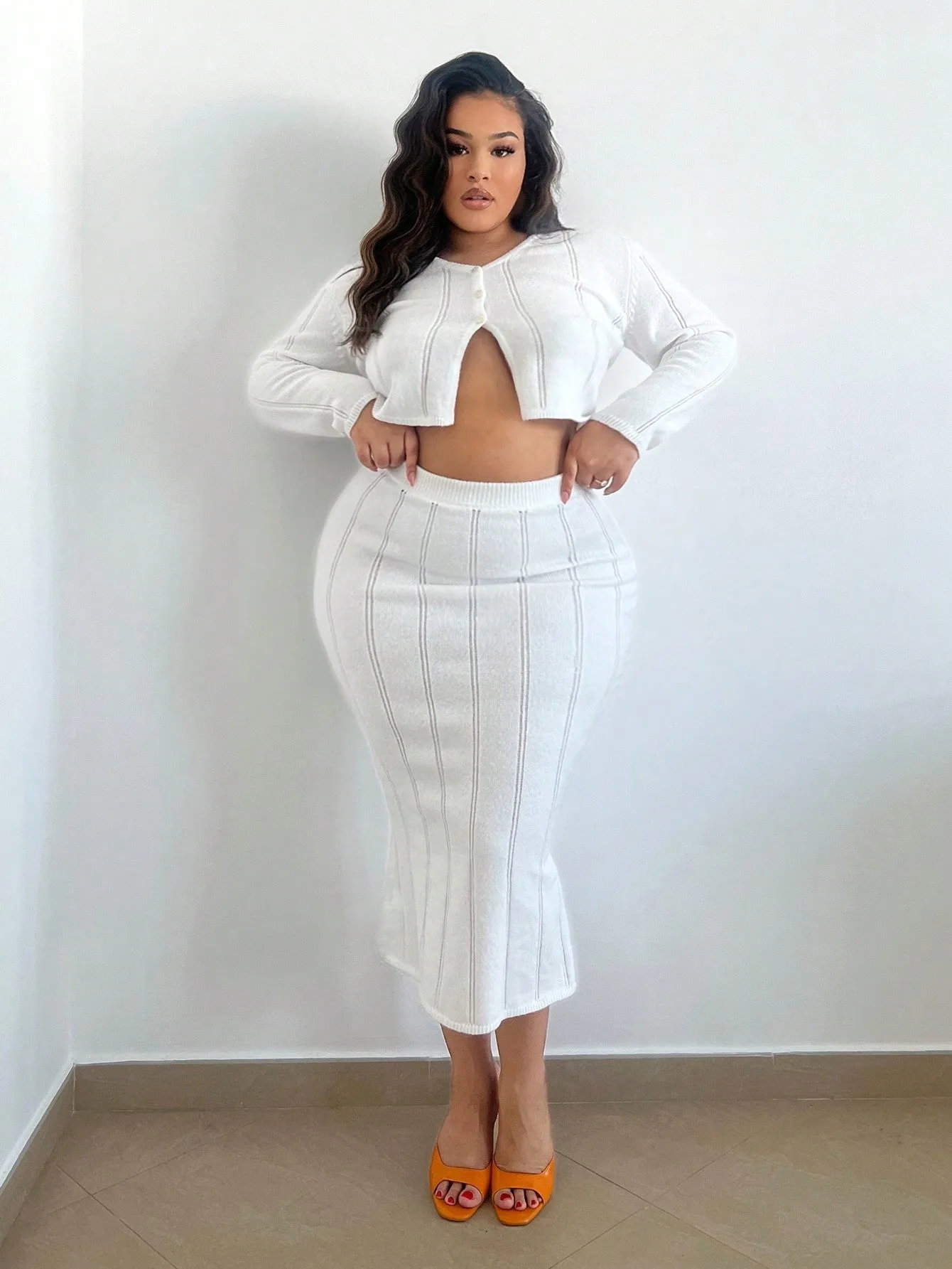 Plus Size Women's Slit Cardigan And Sweater Skirt Set