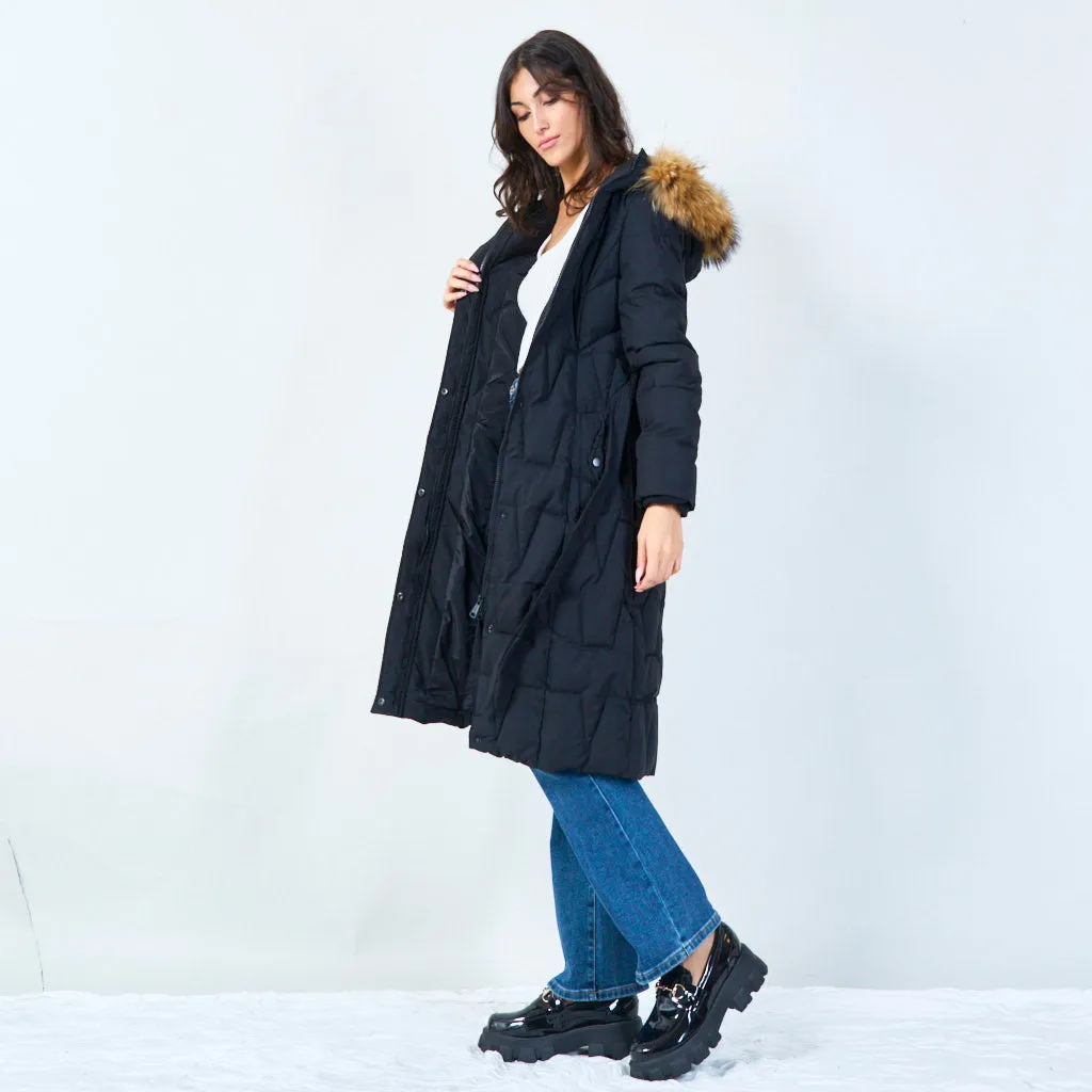 Quilted long parka with faux fur hood wholesale