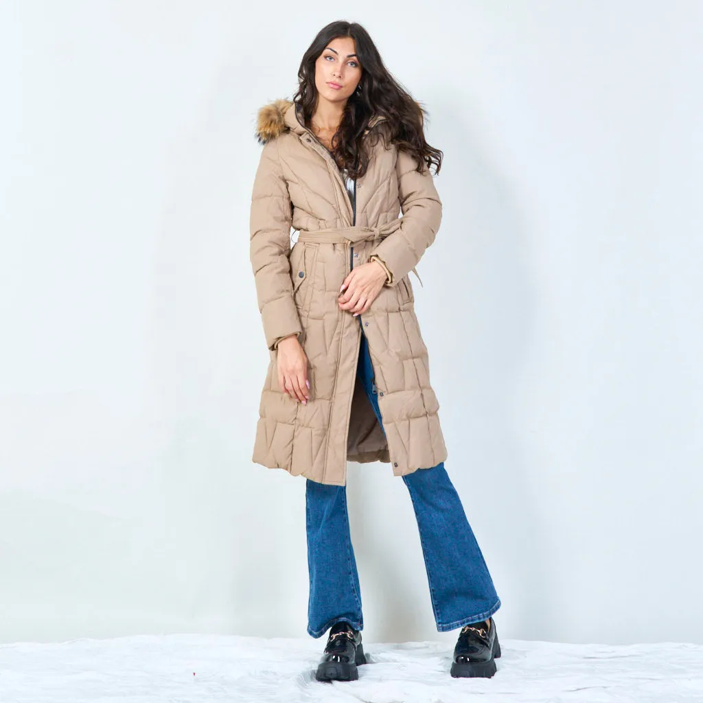 Quilted long parka with faux fur hood wholesale