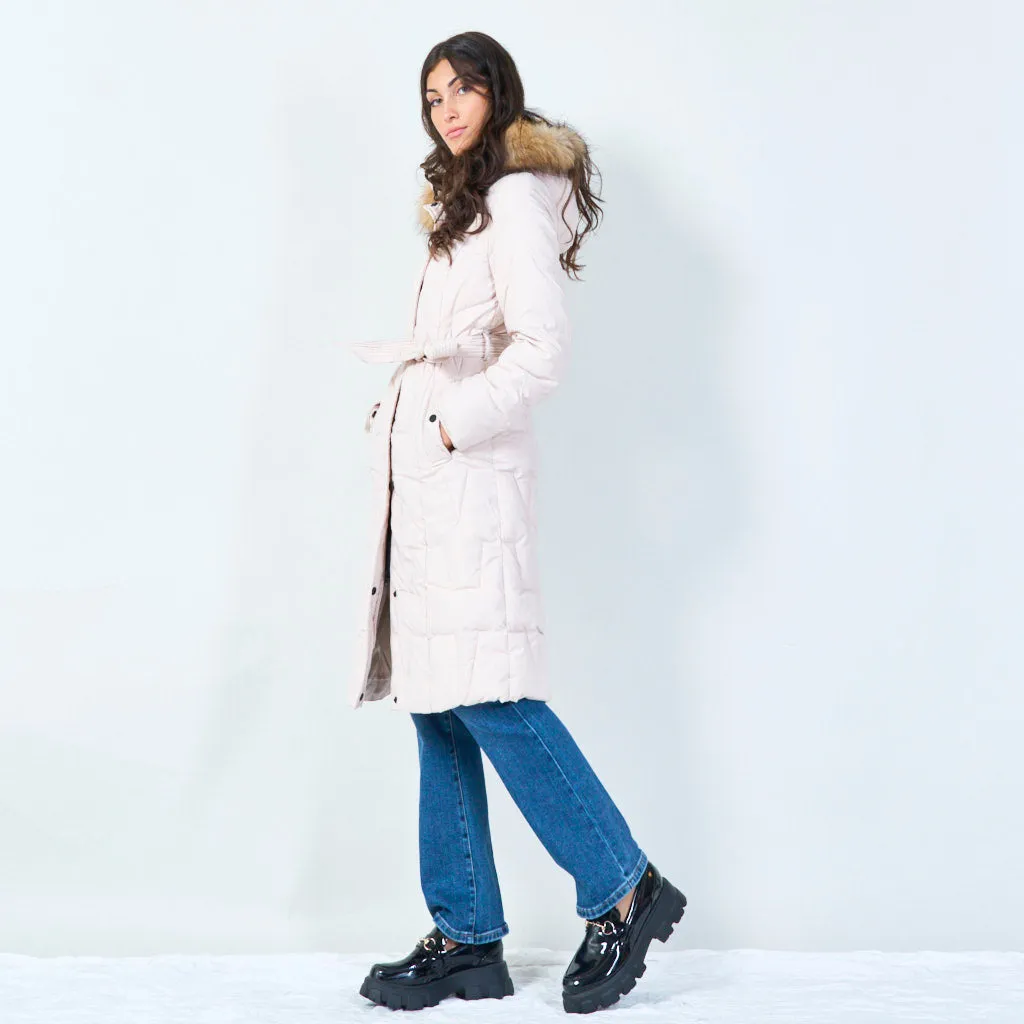 Quilted long parka with faux fur hood wholesale