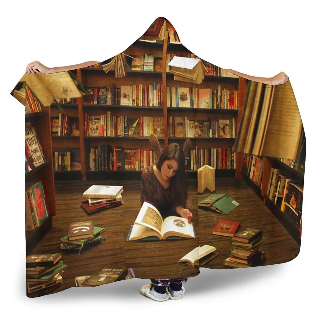 reading at library hooded blanket