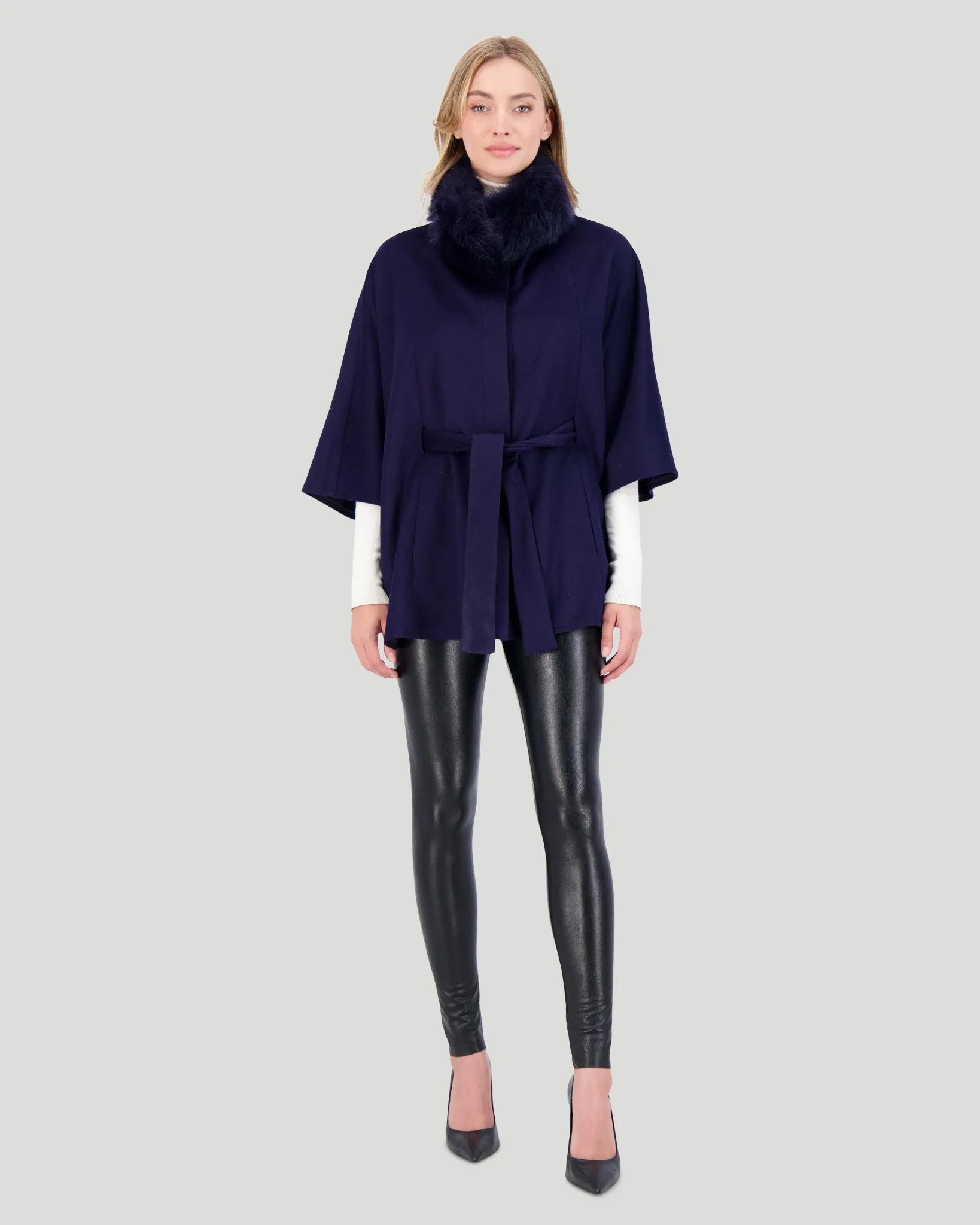 Select Wool Belted Cape with Toscana Shearling Lamb Collar