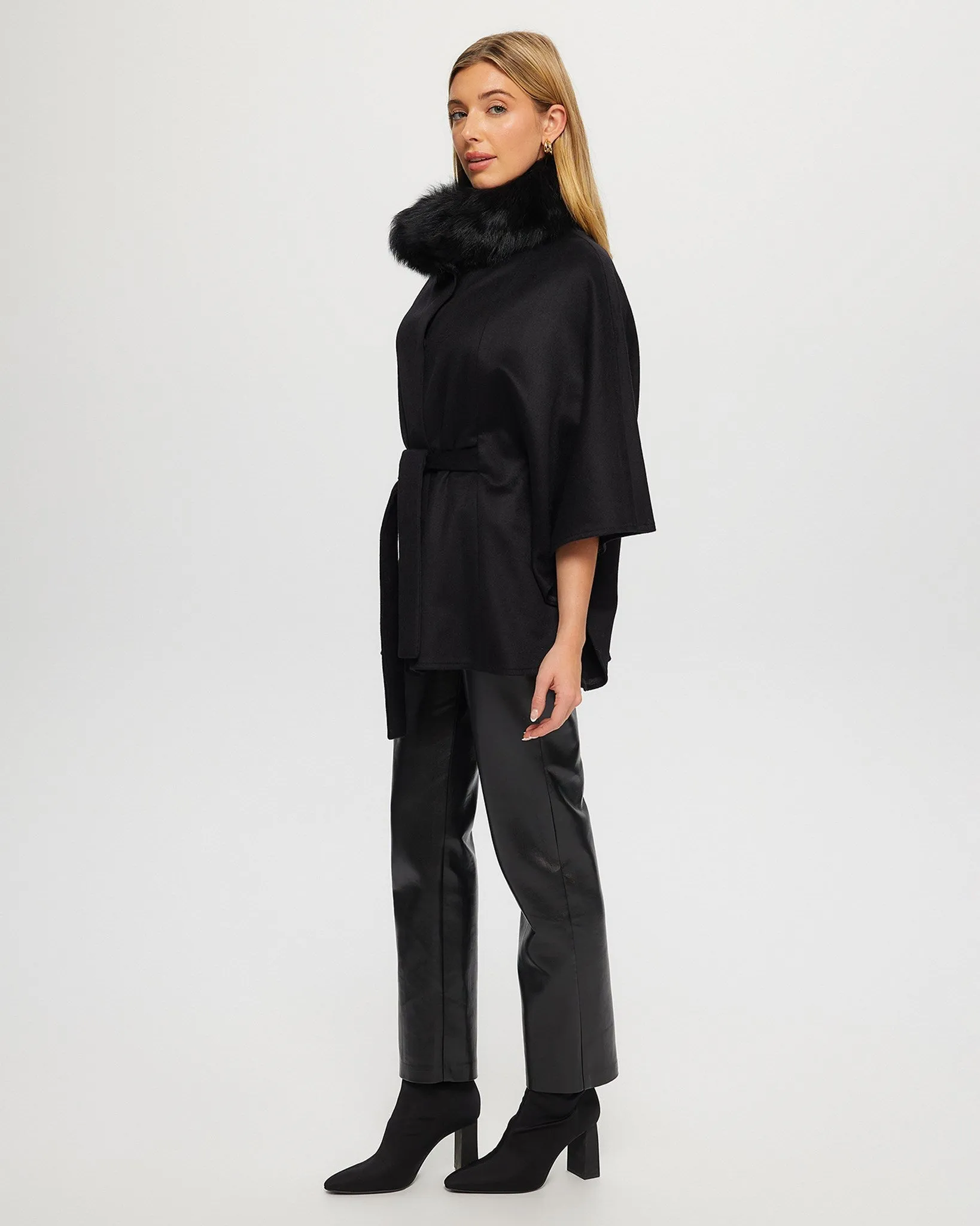 Select Wool Belted Cape with Toscana Shearling Lamb Collar