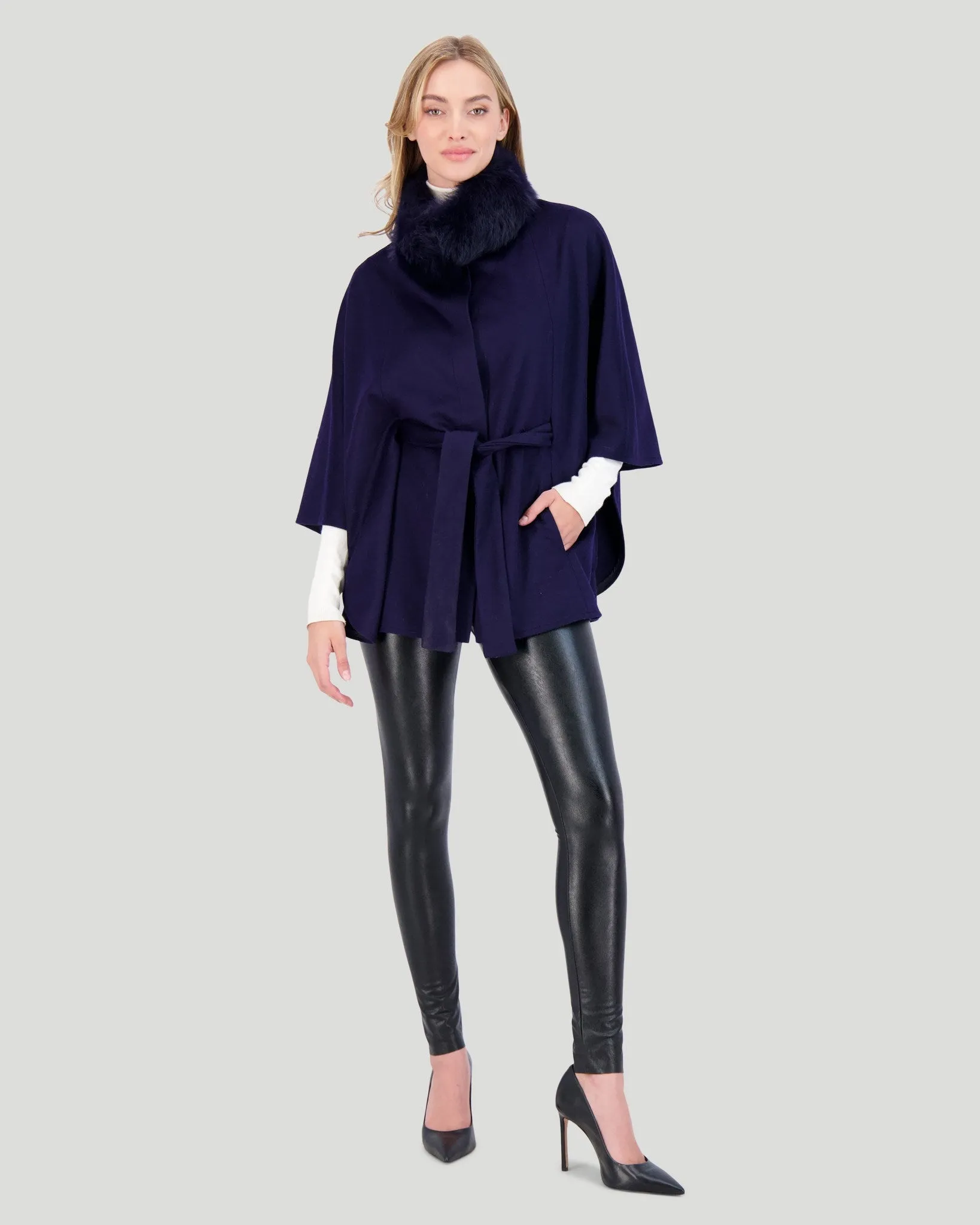 Select Wool Belted Cape with Toscana Shearling Lamb Collar