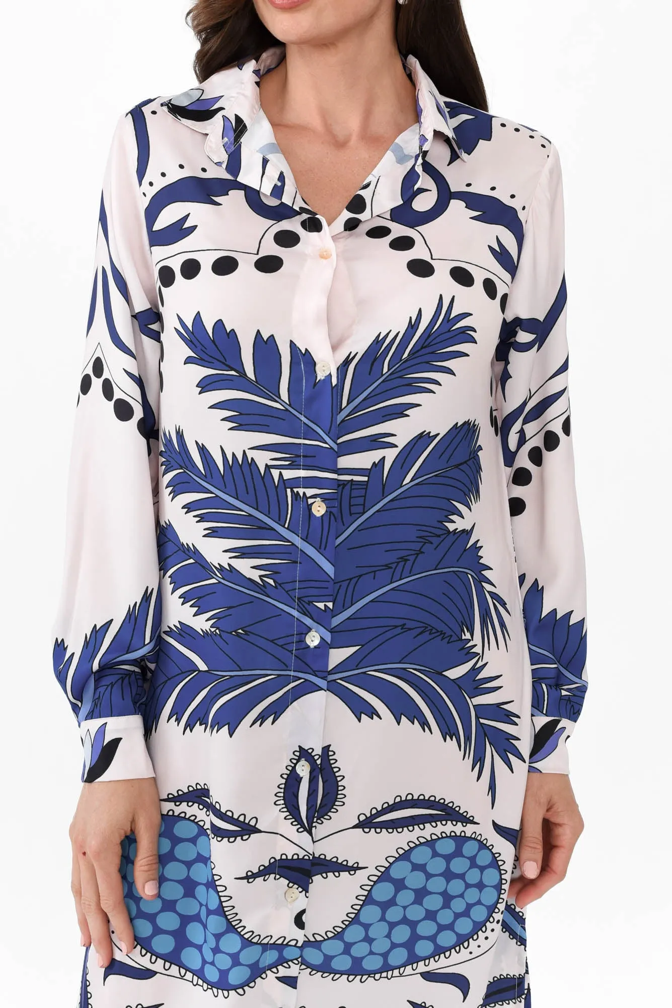 Shayli Blue Tropical Shirt Dress