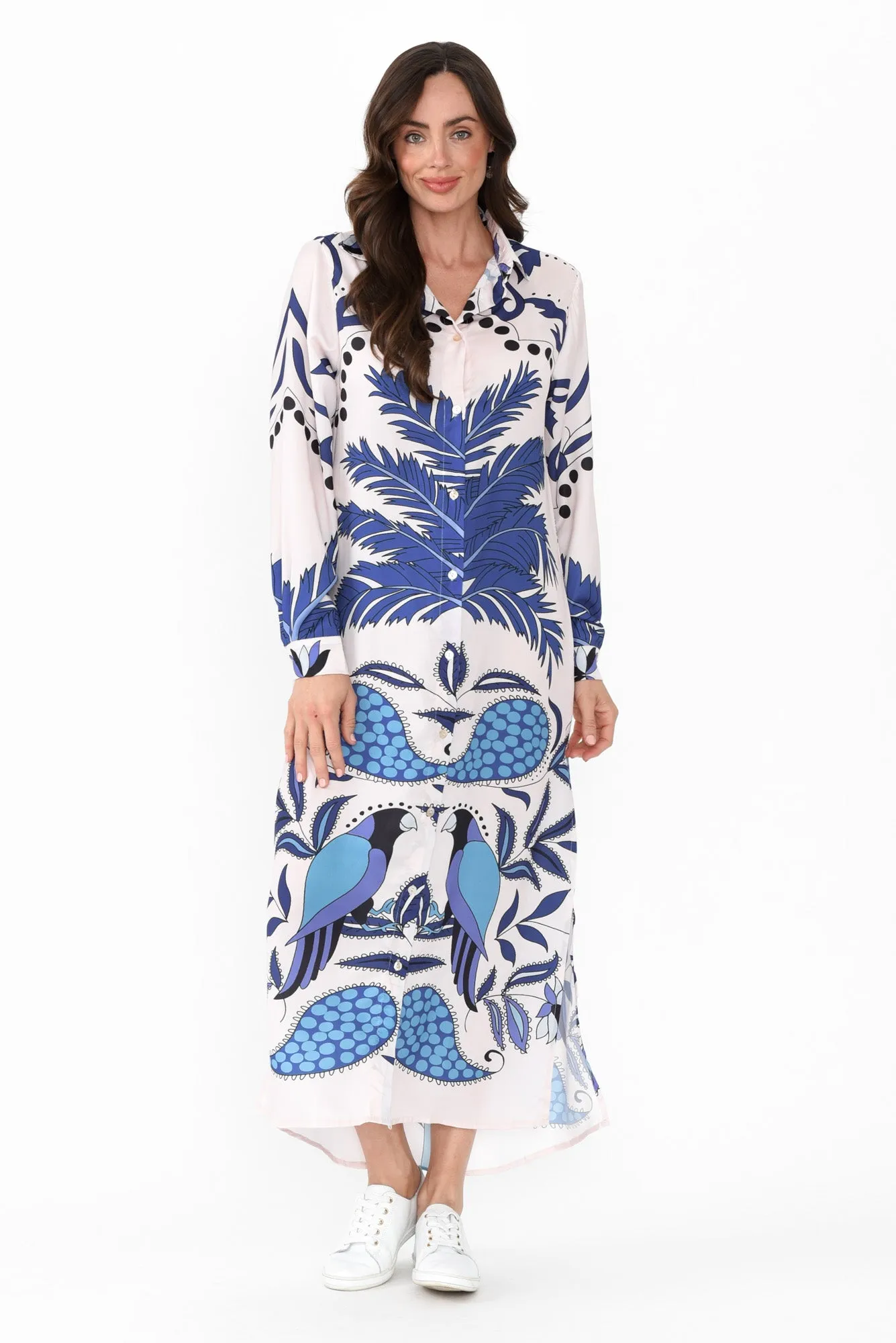 Shayli Blue Tropical Shirt Dress