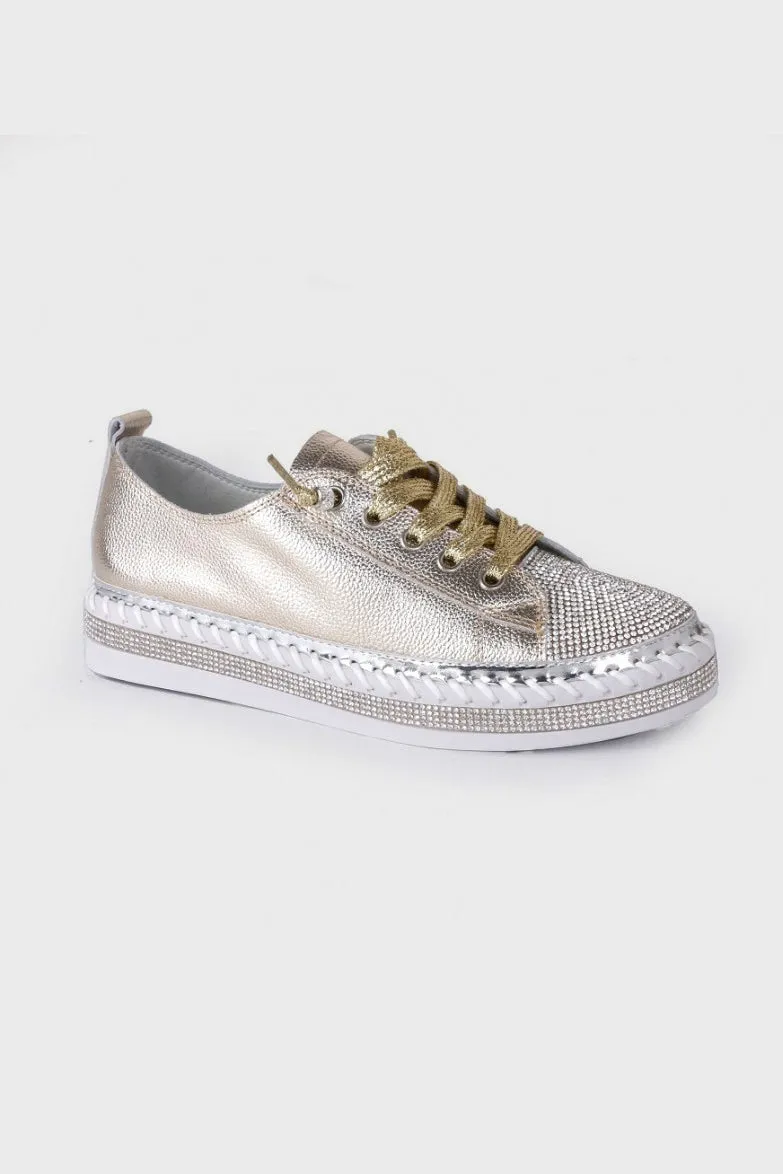 Sia Sparkle Leather Sneakers - Gold/Diamanté