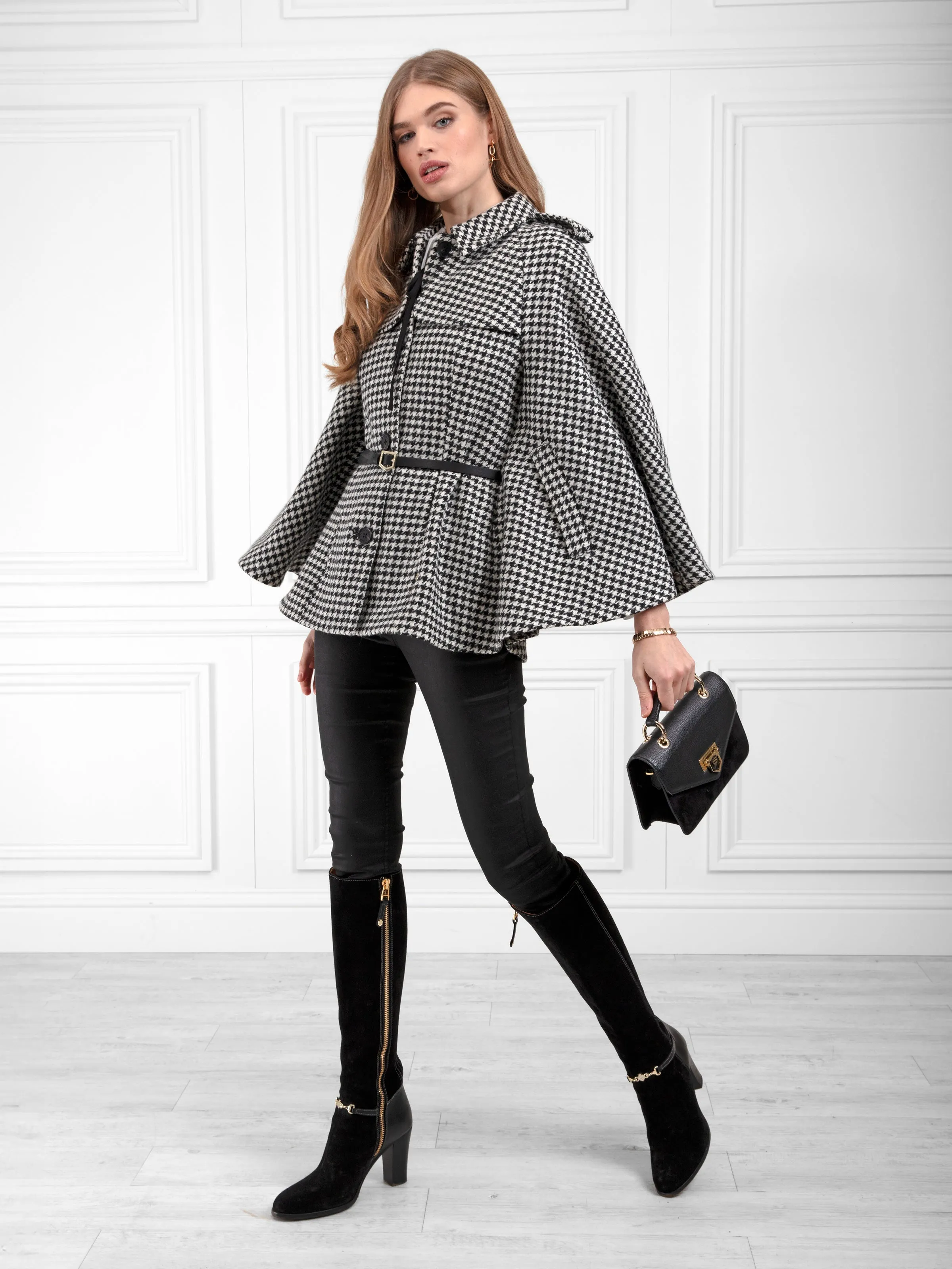 Sienna Wool Cape - Monochrome Houndstooth